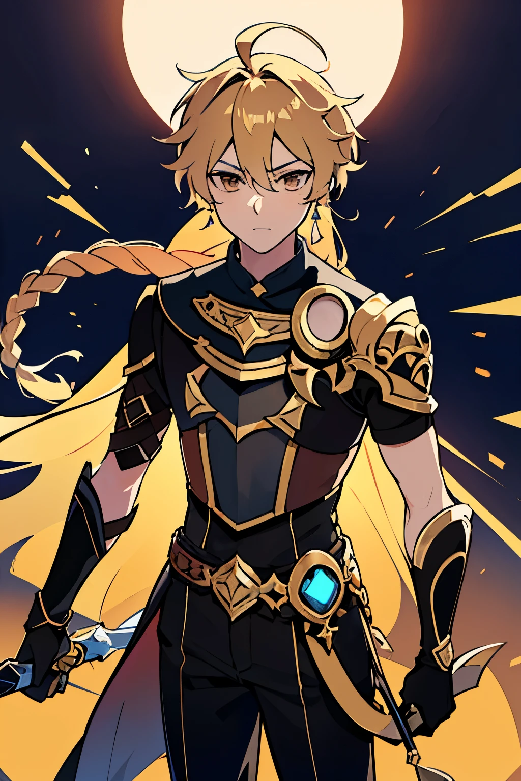 1boy,aether_(genshin_impact),ahoge,alternate_costume,arm_armor,armor,blonde_hair,braid,brown_eyes,brown_gloves,brown_pants,brown_shirt,cape,closed_mouth,earrings,english_commentary,genshin_impact,gloves,gold_trim,gradient_background,grey_background,hair_between_eyes,half-closed_eyes,highres,holding,holding_sword,holding_weapon,jewelry,lightning,long_hair,looking_at_viewer,low-braided_long_hair,low-tied_long_hair,male_focus,pants,rorokonaa,shirt,short_sleeves,shoulder_armor,simple_background,solo,standing,star_(symbol),star_earrings,sword,two-tone_pants,two-tone_shirt,weapon, best quality, masterpiece, nai3