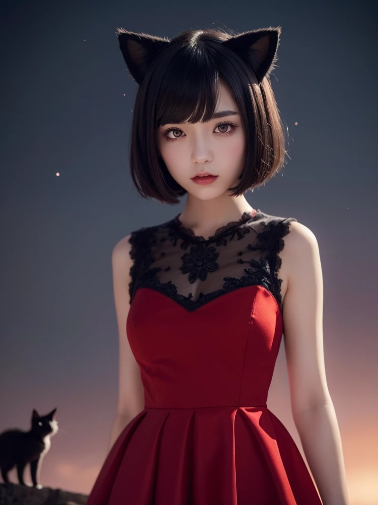 Delicate and dainty young woman with shiny bob-cut black hair and cat ears. She is wearing an off-the-shoulder bright red mini-skirt dress. The background is a fantastic and ethereal night sky that seems to be haunted by a specter. Her expression is stern and atmospheric. Angle from directly below.