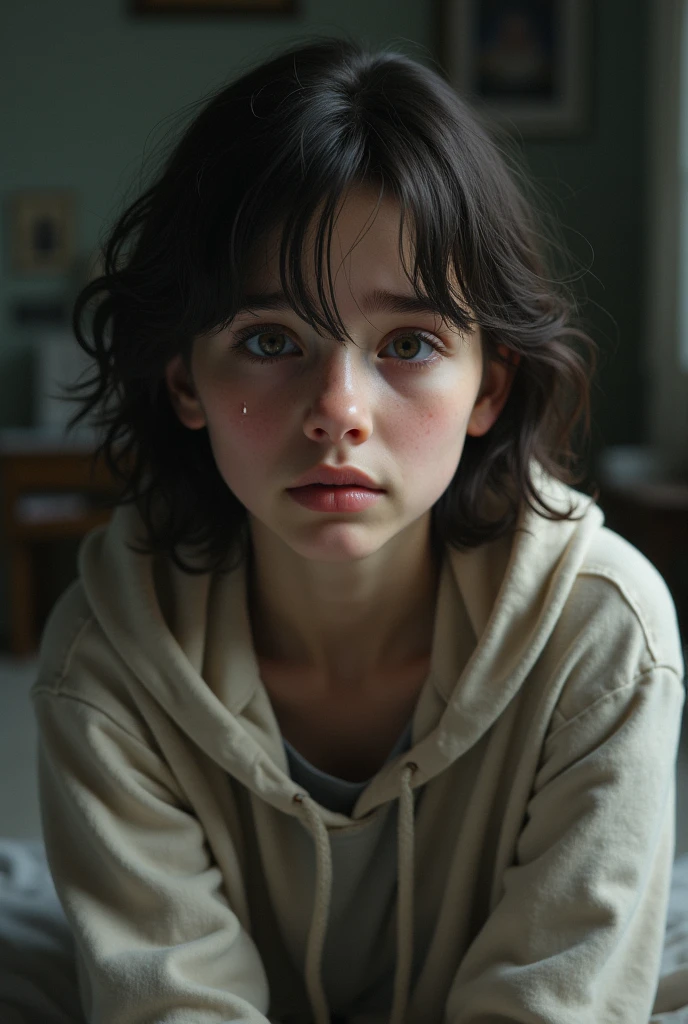(gros plan, editorial photography of'une adolescente de 12 ans), (very detailed face:1.4) (sourire:0.7) (contexte de la'l'interior du'darkness, morose, private study:1.3) lancer, Par Lee Jeffries, Nikon D850, Photographie de film ,4 Kodak Portra 400 ,f1 camera.6 lentilles ,couleurs riches ,hyper realistic ,Realistic texture, dramatic lighting , cinéstill 800,