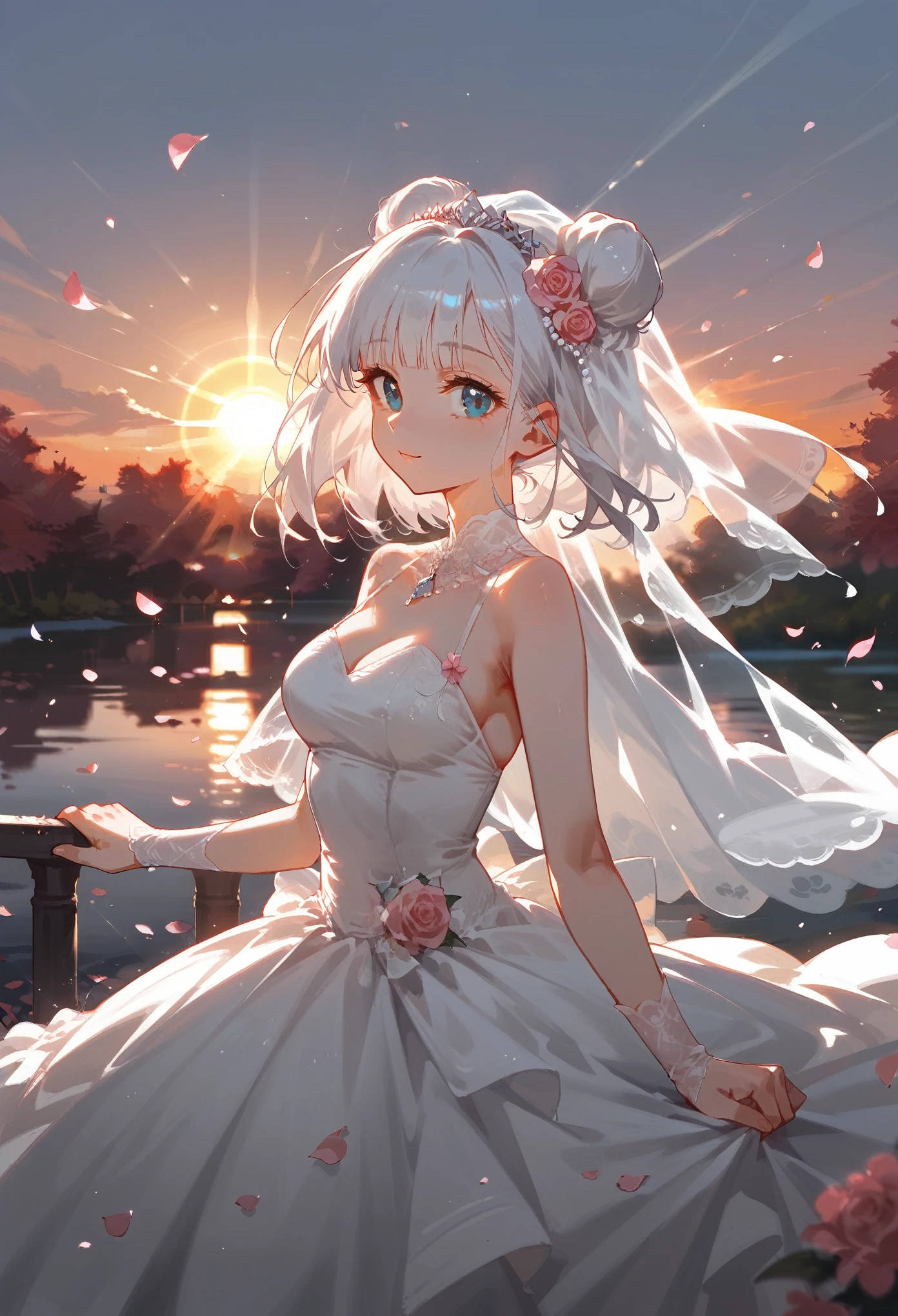 1girl, solo, score_9, score_8_up, score_7_up, sunny, best quality, absurdres, amazing quality, very artistic, medium hair,blunt bangs, white hair, hairbuns, lake, bridge, wedding dress, Pink ribbons in hair, medium breasts, blue eyes, Expressiveh, bokeh, windy, anime studio, better lighting, lens flare, sunset, petals,