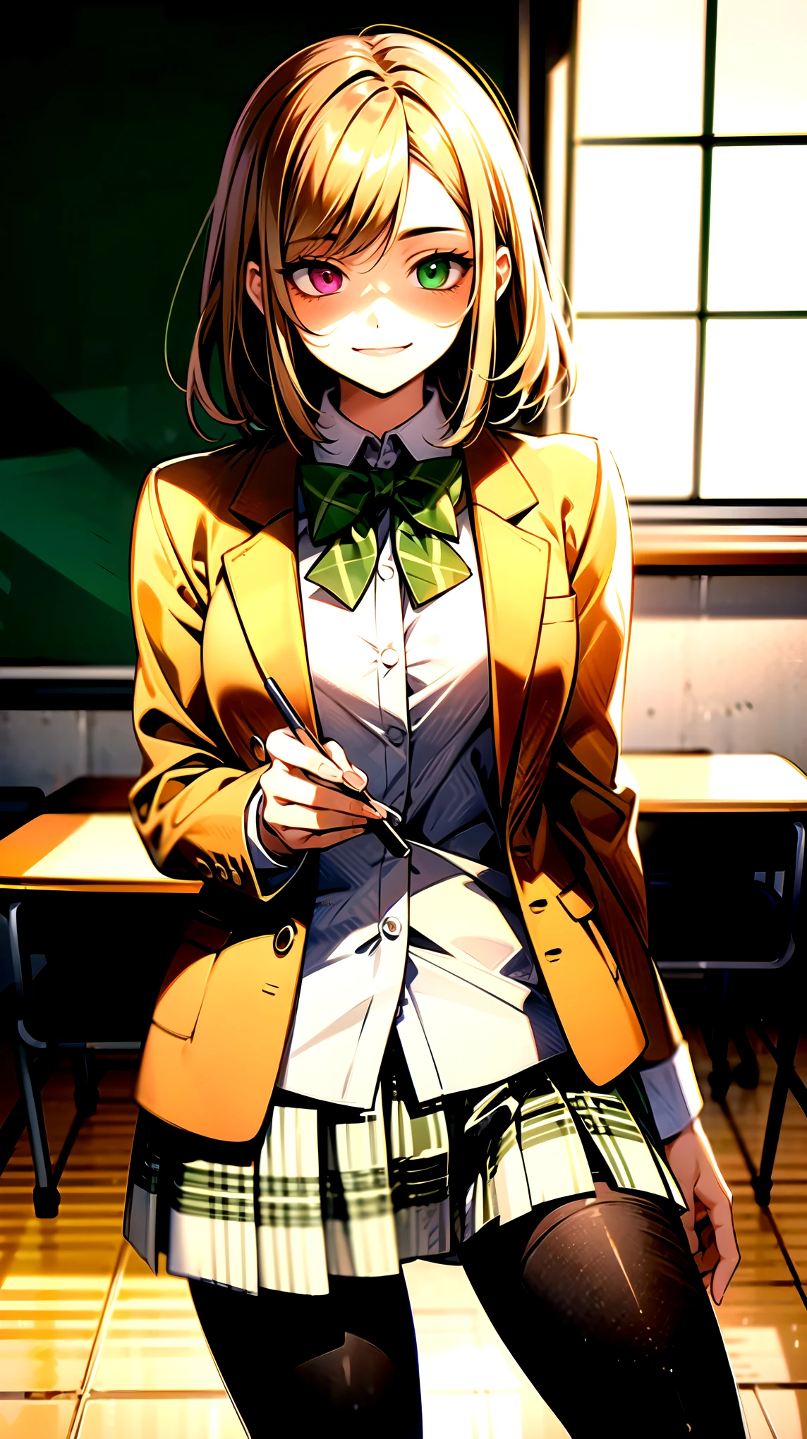 （（super high quality,））（（Ultra-high resolution,））（16K,）（super masterpiece,）（（Ultra HD ,））（Detailed shading,）One mature high school girl,Blue-green blazer,White dress shirt,The second button is open,（（Yellow striped bow tie,））Brown plaid mini skirt,Black long tights,Straight black long hair,Side-swept bangs,（（Orange and green heterochromia,））Sharp Eyes,smile,A classroom illuminated by the setting sun,