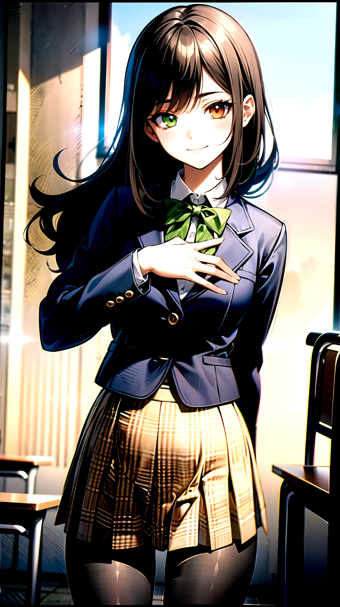 （（super high quality,））（（Ultra-high resolution,））（16K,）（super masterpiece,）（（Ultra HD ,））（Detailed shading,）One mature high school girl,Blue-green blazer,White dress shirt,The second button is open,（（Yellow striped bow tie,））Brown plaid mini skirt,Black long tights,Straight black long hair,Side-swept bangs,（（Orange and green heterochromia,））Sharp Eyes,smile,A classroom illuminated by the setting sun,