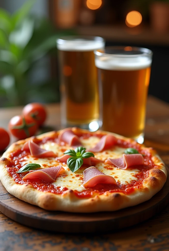slice of pizza Margherita ham with melted cheese and beer 