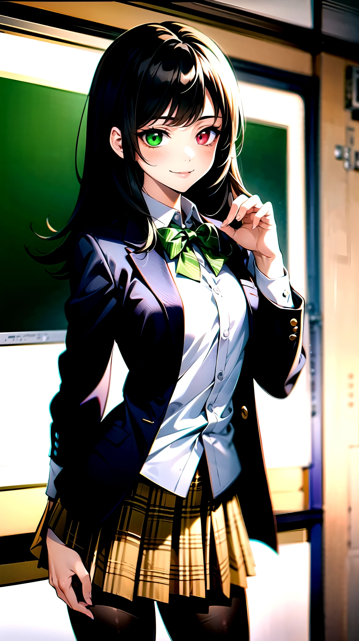 （（super high quality,））（（Ultra-high resolution,））（16K,）（super masterpiece,）（（Ultra HD ,））（Detailed shading,）One mature high school girl,Blue-green blazer,White dress shirt,The second button is open,（（Yellow striped bow tie,））Brown plaid mini skirt,Black long tights,Straight black long hair,Side-swept bangs,（（Orange and green heterochromia,））Sharp Eyes,smile,A classroom illuminated by the setting sun,