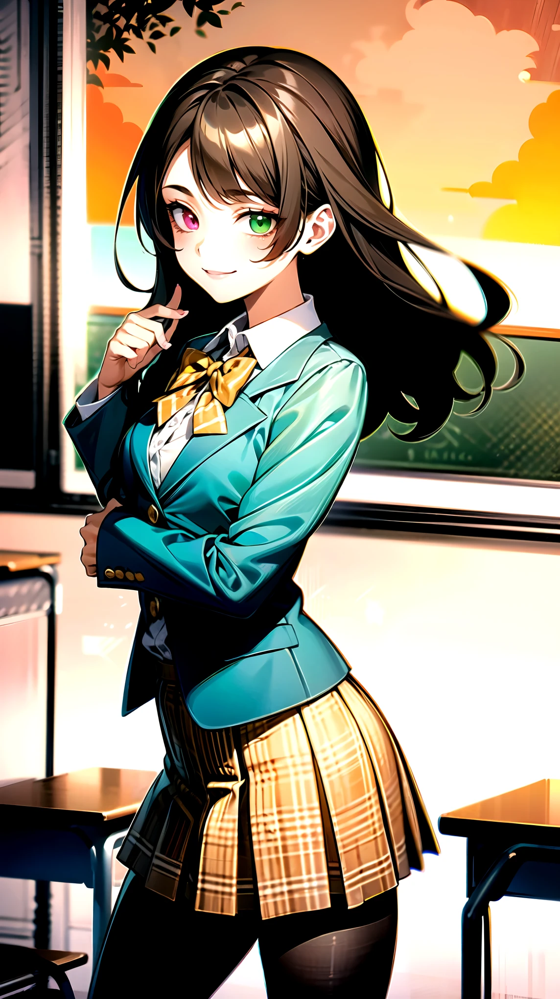 （（super high quality,））（（Ultra-high resolution,））（16K,）（super masterpiece,）（（Ultra HD ,））（Detailed shading,）One mature high school girl,Blue-green blazer,White dress shirt,The second button is open,（（Yellow striped bow tie,））Brown plaid mini skirt,Black long tights,Straight black long hair,Side-swept bangs,（（Orange and green heterochromia,））Sharp Eyes,smile,A classroom illuminated by the setting sun,