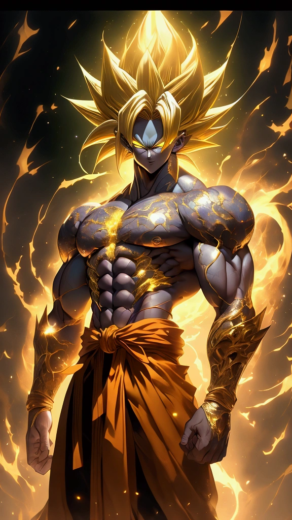 muscular super saiyan-3  character from dragon ball super, full body illustration, oil painting on canvas, octane render, HDR, trending on artstation, 4k, 8k, HD, super strong, perfect abs, colored, yellow hair, green eyes, anime style, digital art, hyperdetailed, op art, soft lighting, yellow eyebrows, hair lengthened by 300 cm, lightning wrapped around him, topless, Masterpiece, Super Detailed, Textured Skin, Award Winning, Accurate, Best Quality,Hair Over Shoulder,, yellow lightning hair, Hair Over Shoulder, 