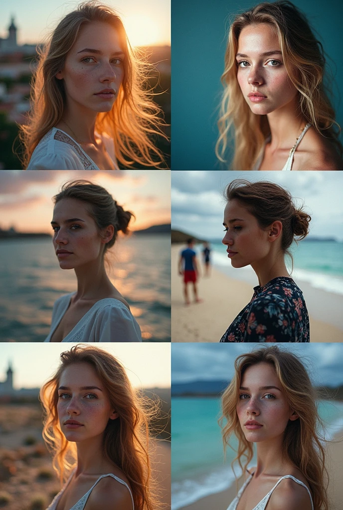 Create realistic photos of -yeld gi with blonde hair (Longitud hasta los hombros), cara linda, todo el cuerpo, cuerpo delgado, piernas bien formadas, tobillos delgados, cintura delgada, ojos verdes y pechos grandes, She is completely naked, she is on the beach.