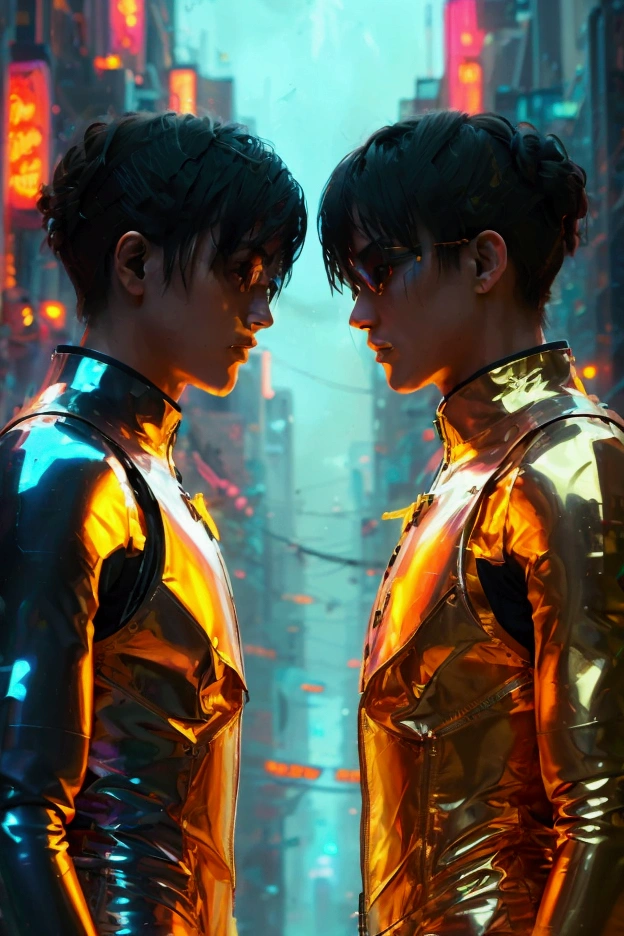 Generate a surreal, cyberpunk-inspired image featuring two male figures standing side by side, both looking directly at the camera. The figure on the left wears a metallic silver vest with a futuristic, angular design, featuring a zipper down the front and a high collar. His outfit has a sleek, reflective surface, catching ambient light with a cool sheen. The figure on the right is dressed in a golden, metallic vest with a similar angular design, also featuring a front zipper. His vest is adorned with subtle patterns and textures that give it a high-tech appearance. Both wear dark, oversized sunglasses that add a mysterious, authoritative vibe to their presence. The background should be a dystopian, urban environment shrouded in fog, with neon lights and industrial elements, utilizing a subdued and muted color palette to create a moody, melancholic atmosphere. The overall scene blends dreamy, shoegaze, and ethereal qualities with a dark, futuristic edge