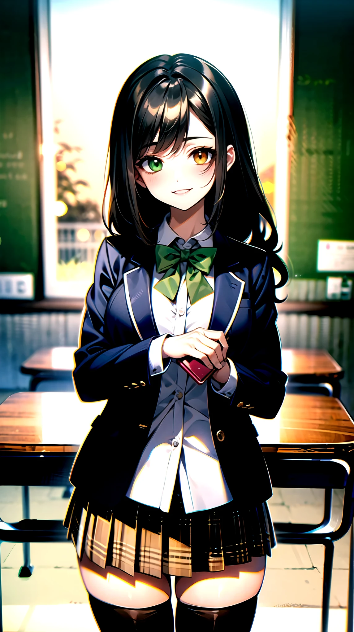 （（super high quality,））（（Ultra-high resolution,））（16K,）（super masterpiece,）（（Ultra HD ,））（Detailed shading,）One mature high school girl,Blue-green blazer,White dress shirt,The second button is open,（（Yellow striped bow tie,））Brown plaid mini skirt,Black long tights,Straight black long hair,Side-swept bangs,（（Orange and green heterochromia,））Sharp Eyes,smile,A classroom illuminated by the setting sun,