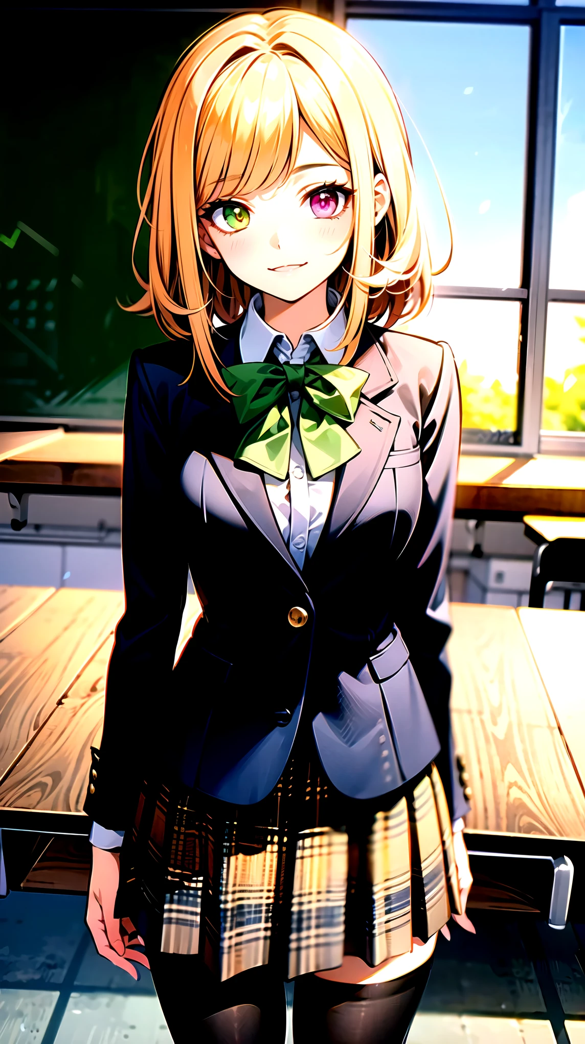 （（super high quality,））（（Ultra-high resolution,））（16K,）（super masterpiece,）（（Ultra HD ,））（Detailed shading,）One mature high school girl,Blue-green blazer,White dress shirt,The second button is open,（（Yellow striped bow tie,））Brown plaid mini skirt,Black long tights,Straight black long hair,Side-swept bangs,（（Orange and green heterochromia,））Sharp Eyes,smile,A classroom illuminated by the setting sun,