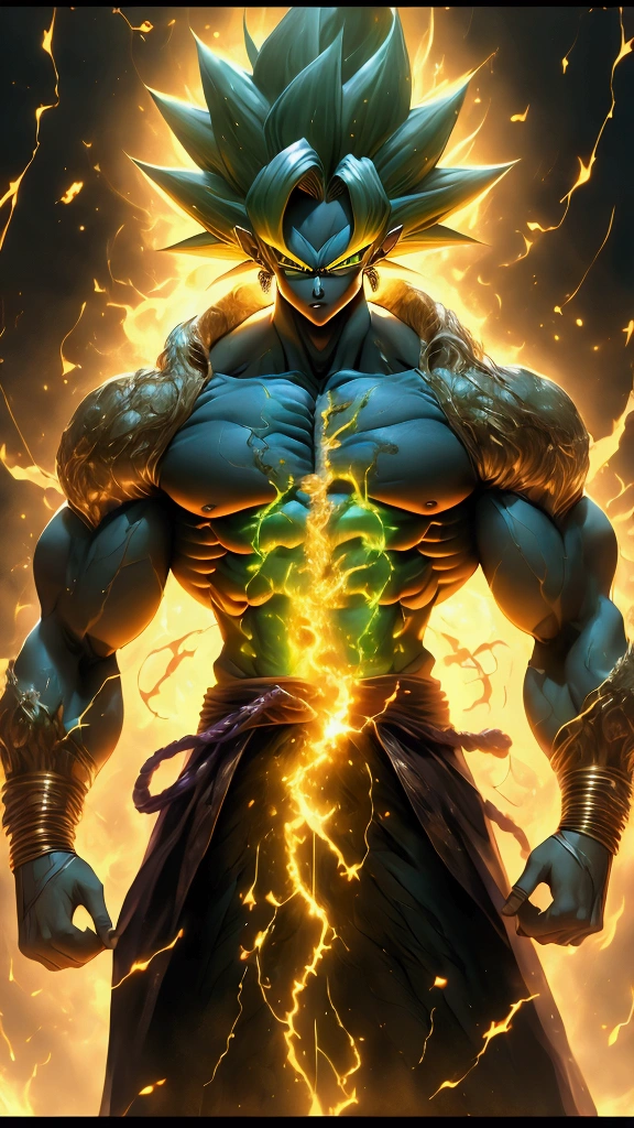 muscular super saiyan-3  character from dragon ball super, full body illustration, oil painting on canvas, octane render, HDR, trending on artstation, 4k, 8k, HD, super strong, perfect abs, colored, yellow hair, green eyes, anime style, digital art, hyperdetailed, op art, soft lighting, yellow eyebrows, hair lengthened by 300 cm, lightning wrapped around him, topless, Masterpiece, Super Detailed, Textured Skin, Award Winning, Accurate, Best Quality,Hair Over Shoulder,, yellow lightning hair, Hair Over Shoulder, 