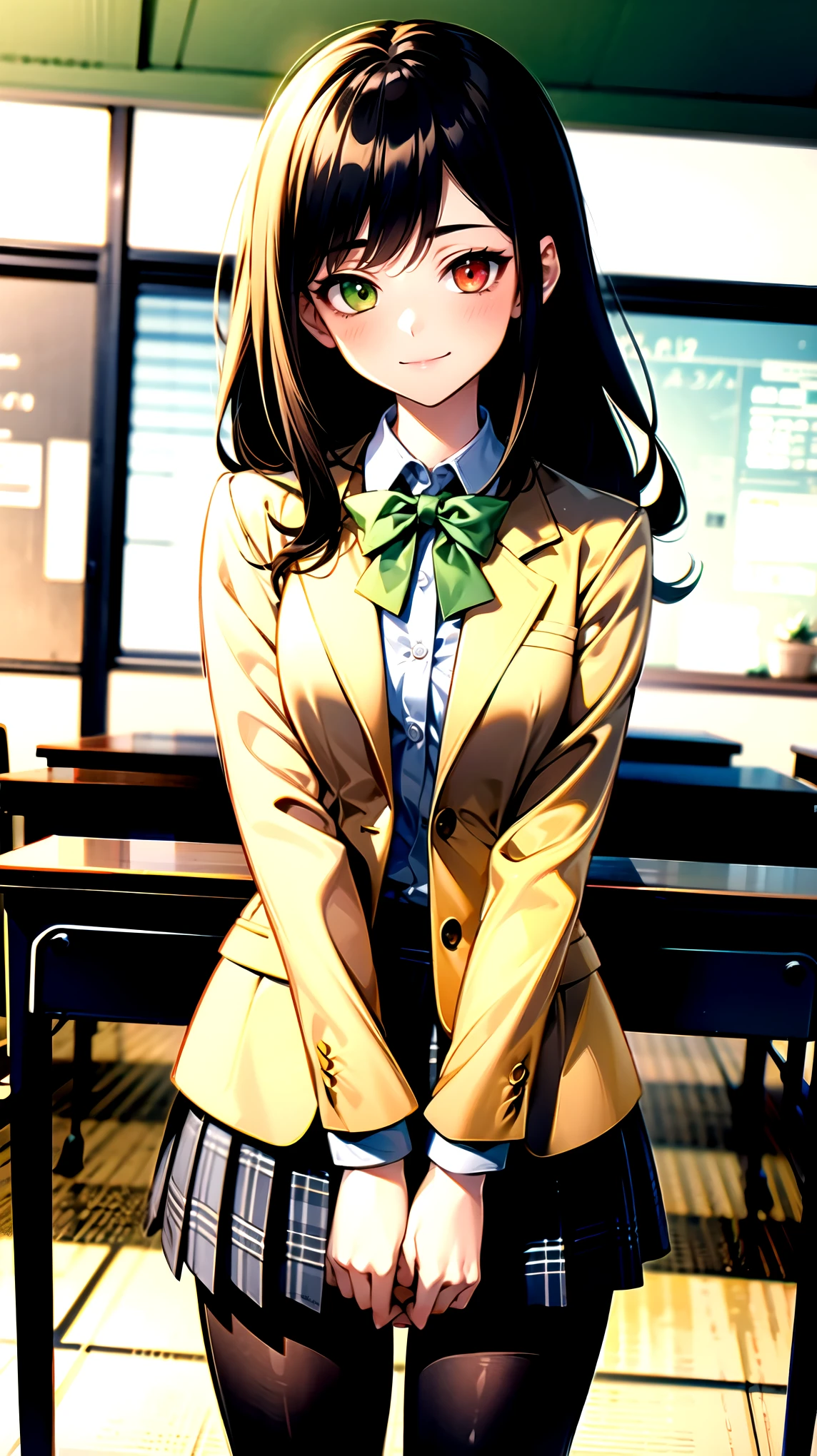 （（super high quality,））（（Ultra-high resolution,））（16K,）（super masterpiece,）（（Ultra HD ,））（Detailed shading,）One mature high school girl,Blue-green blazer,White dress shirt,The second button is open,（（Yellow striped bow tie,））Brown plaid mini skirt,Black long tights,Straight black long hair,Side-swept bangs,（（Orange and green heterochromia,））Sharp Eyes,smile,A classroom illuminated by the setting sun,