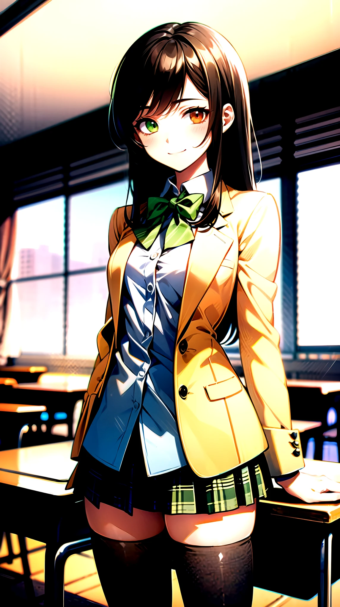 （（super high quality,））（（Ultra-high resolution,））（16K,）（super masterpiece,）（（Ultra HD ,））（Detailed shading,）One mature high school girl,Blue-green blazer,White dress shirt,The second button is open,（（Yellow striped bow tie,））Brown plaid mini skirt,Black long tights,Straight black long hair,Side-swept bangs,（（Orange and green heterochromia,））Sharp Eyes,smile,A classroom illuminated by the setting sun,