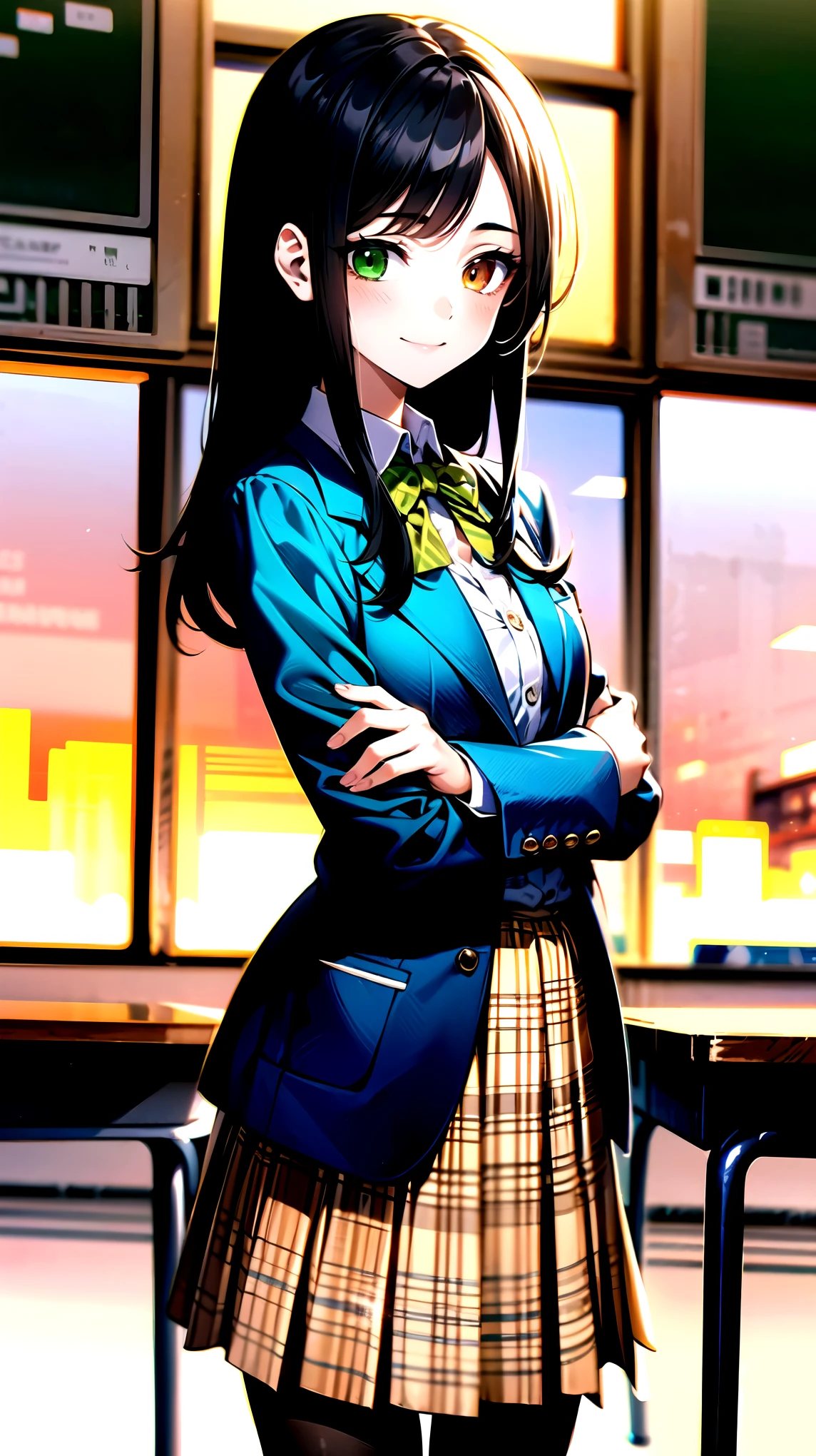 （（super high quality,））（（Ultra-high resolution,））（16K,）（super masterpiece,）（（Ultra HD ,））（Detailed shading,）One mature high school girl,Blue-green blazer,White dress shirt,The second button is open,（（Yellow striped bow tie,））Brown plaid mini skirt,Black long tights,Straight black long hair,Side-swept bangs,（（Orange and green heterochromia,））Sharp Eyes,smile,A classroom illuminated by the setting sun,