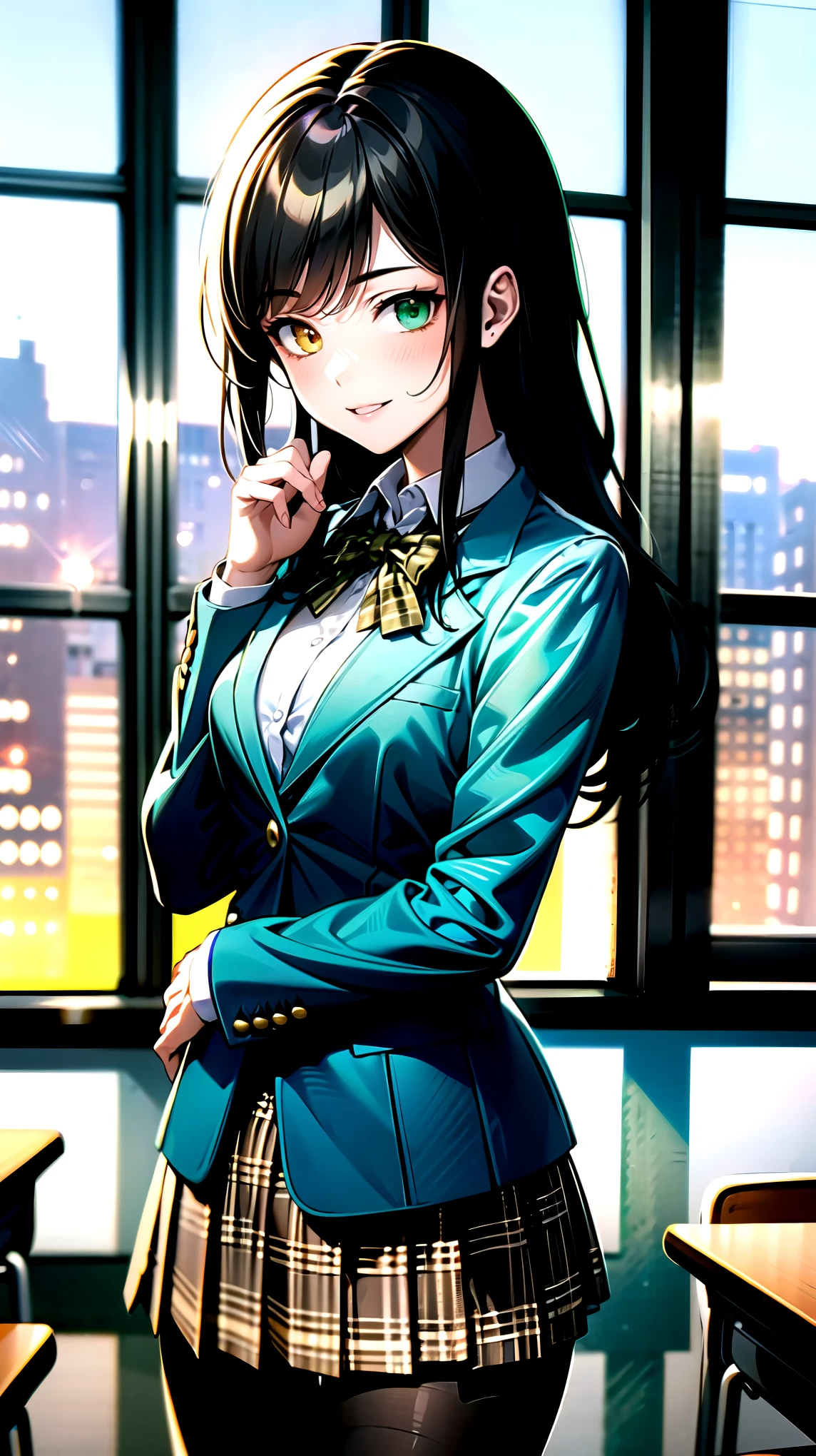 （（super high quality,））（（Ultra-high resolution,））（16K,）（super masterpiece,）（（Ultra HD ,））（Detailed shading,）One mature high school girl,Blue-green blazer,White dress shirt,The second button is open,（（Yellow striped bow tie,））Brown plaid mini skirt,Black long tights,Straight black long hair,Side-swept bangs,（（Orange and green heterochromia,））Sharp Eyes,smile,A classroom illuminated by the setting sun,