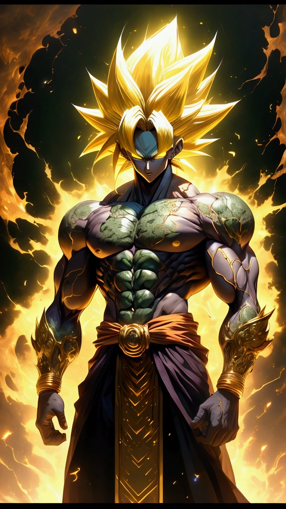 muscular super saiyan-3  character from dragon ball super, full body illustration, oil painting on canvas, octane render, HDR, trending on artstation, 4k, 8k, HD, super strong, perfect abs, colored, yellow hair, green eyes, anime style, digital art, hyperdetailed, op art, soft lighting, yellow eyebrows, hair lengthened by 300 cm, lightning wrapped around him, topless, Masterpiece, Super Detailed, Textured Skin, Award Winning, Accurate, Best Quality,Hair Over Shoulder,, yellow lightning hair, Hair Over Shoulder, 