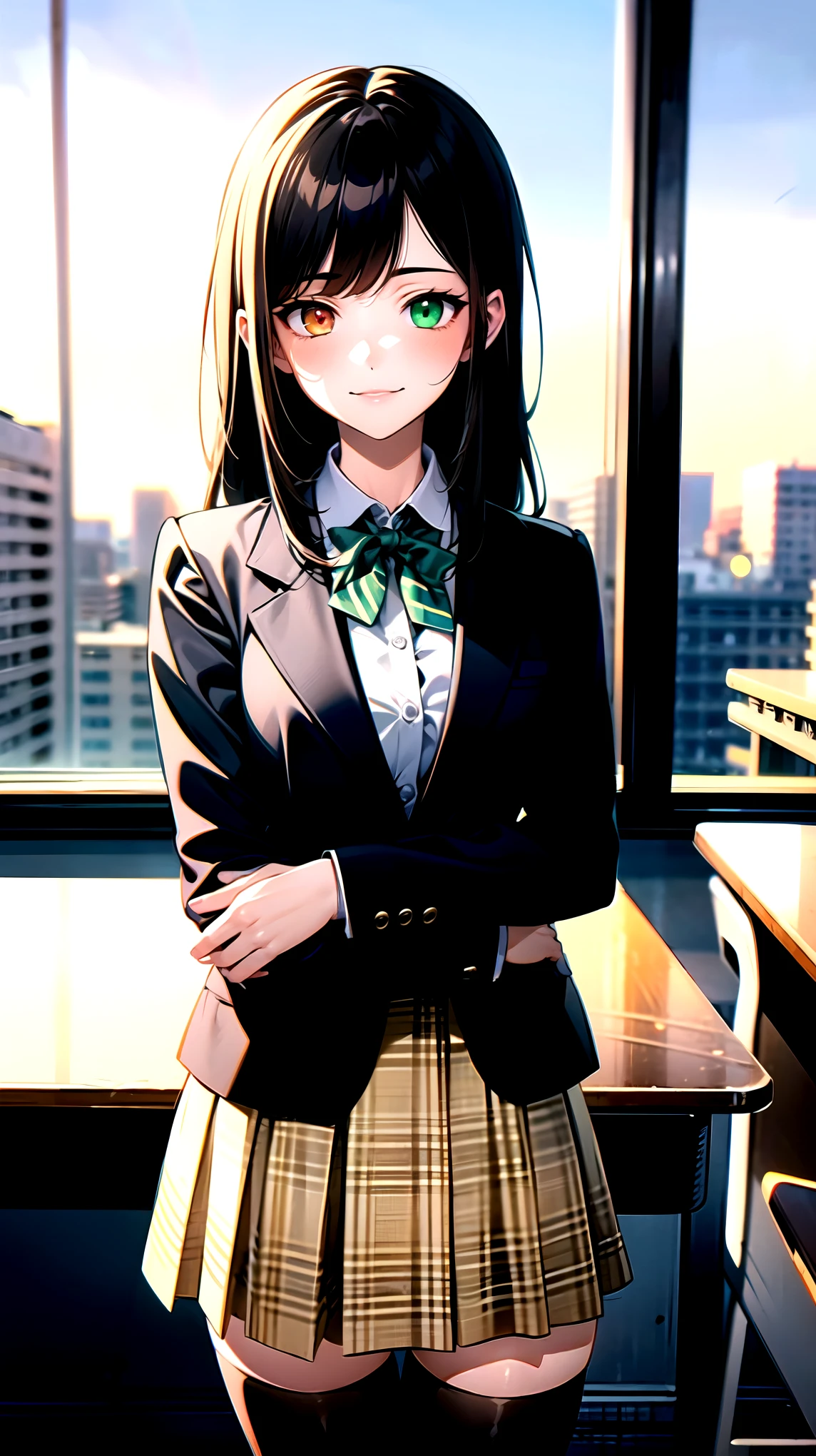 （（super high quality,））（（Ultra-high resolution,））（16K,）（super masterpiece,）（（Ultra HD ,））（Detailed shading,）One mature high school girl,Blue-green blazer,White dress shirt,The second button is open,（（Yellow striped bow tie,））Brown plaid mini skirt,Black long tights,Straight black long hair,Side-swept bangs,（（Orange and green heterochromia,））Sharp Eyes,smile,A classroom illuminated by the setting sun,