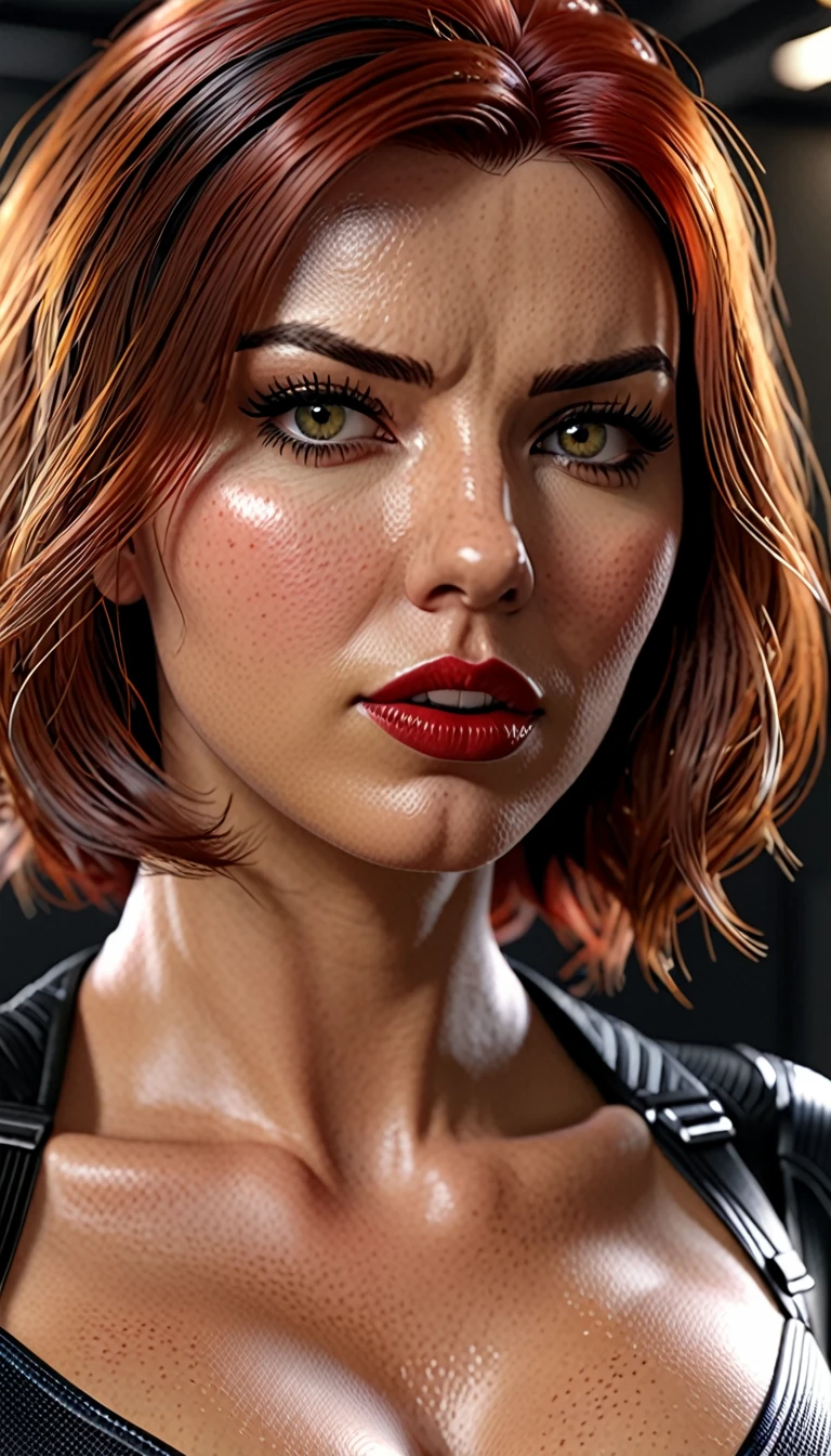 A beautiful sexy , Black Widow (Realistic and detailed,4K,high resolution,head of&#39;artwork:1.2), ligoté and bâillonné. (brassard)