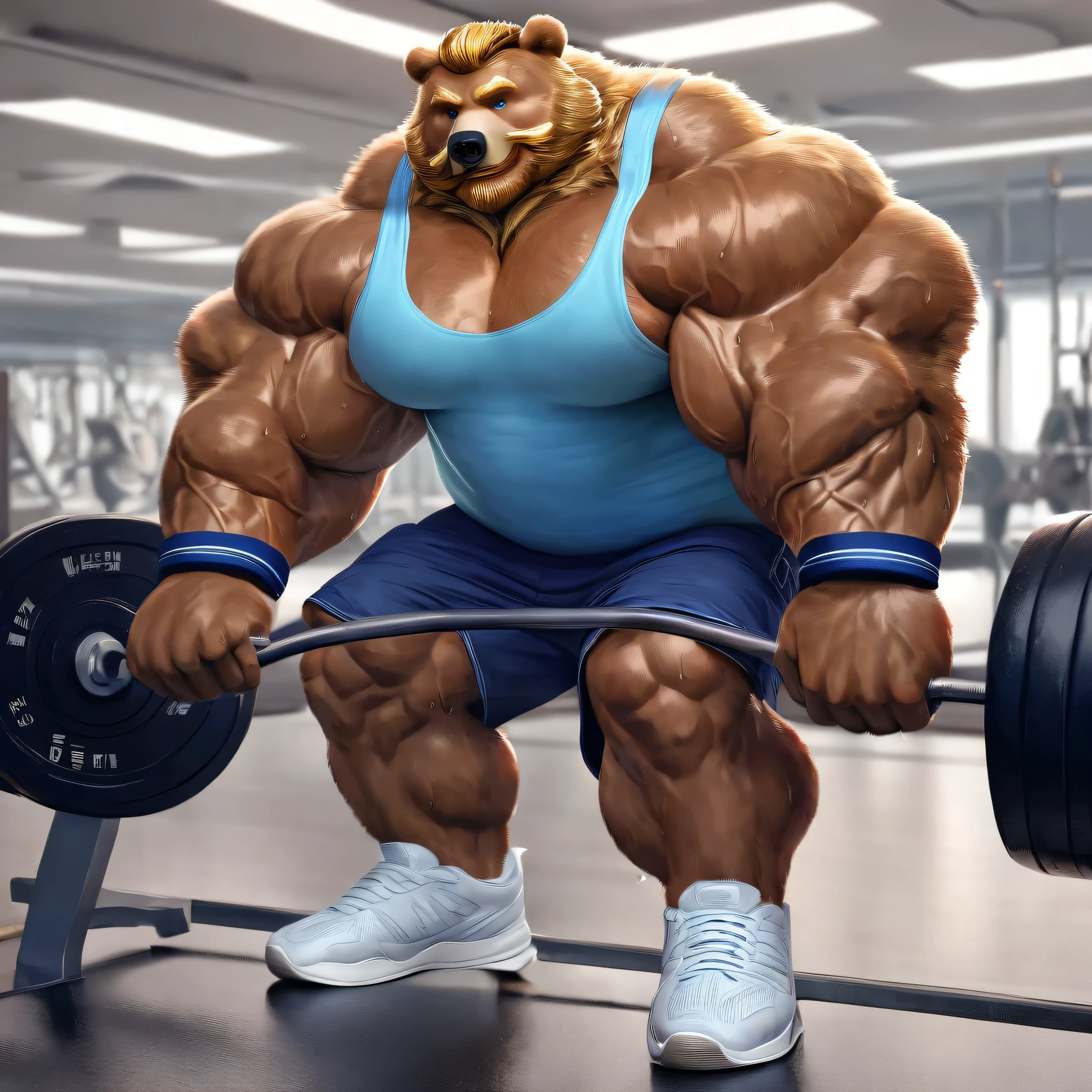 Huge muscular Eurasian brown bear in St. Petersburg Russian gym, big smirk, light Eurasian bear, huge light brown fur, thick arm, huge arm, golden mustache, short Golden hair and beard, (muscular, pectoral, wide pectoral, thick arms), gym exercising equipments realistic, 8k, masterpiece, detailed golden eyebrows, detailed eyes with blue pupils, (wearing dark blue shorts, wristbands, light blue tank top and white shoes), Working out his huge muscles very hardcore with sweat and veins