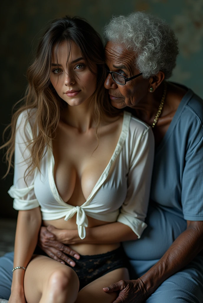 Create an image of a young woman in her 20s, with brown hair tied in a ponytail, white-skinned, with a curved and slender body, who's naked, without clothes and is being carried by the buttocks, in the arms of a 90 year old lady, that is standing, that is fat, who is wearing a flowery dress and wearing glasses, who has dark and black skin.