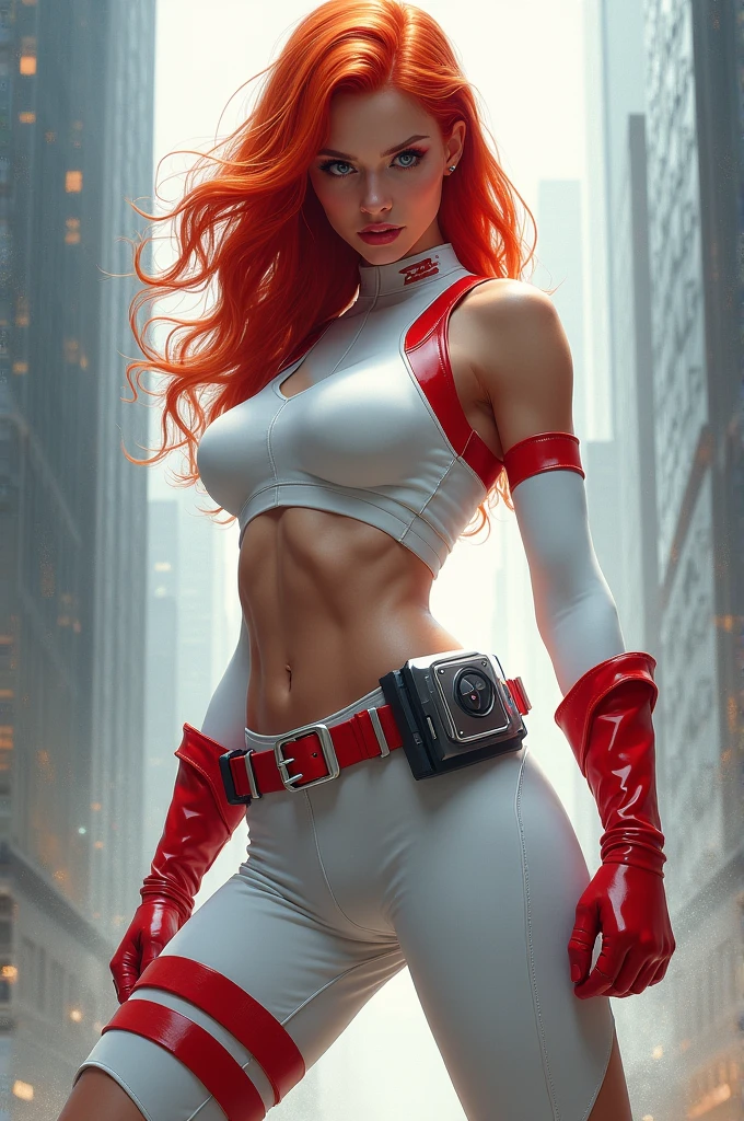 arafed a cyborg woman, standing, detail realistic, porcelain skin, very pale skin, very beautiful, redhead woman, future robot woman, many mechanical body organs, hands and legs are cyborg, mystical post apocalyptic cyborg, dystopian sci-fi cyborg woman, half human half machine.
