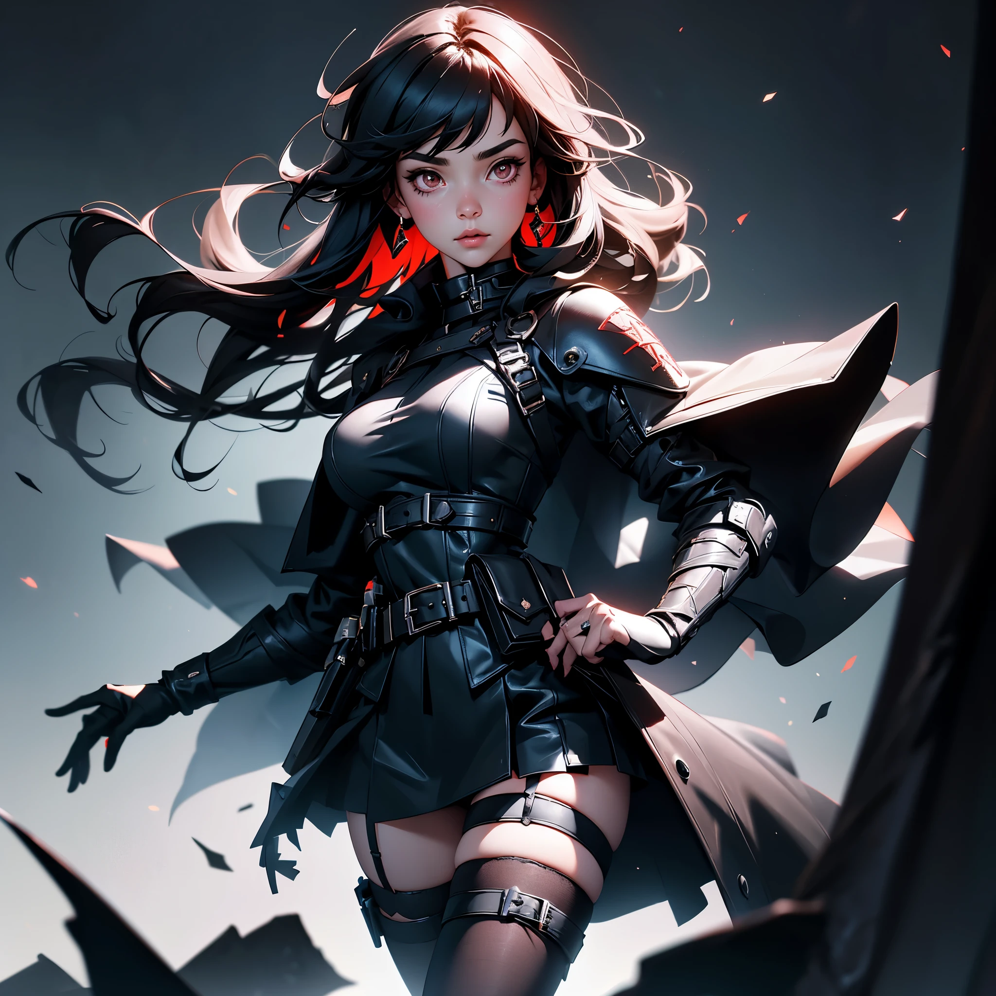 envision a 8k, highres, cinematic, beautiful extreme close up face Pinup of a sexy tomboy goth with a slender plump body, strong face, long black hair, long bangs, ((Red eyes)), Tight black Leotard, Military Dress, Metal Collar, Riot Gear, Police Vest, Utility Belt, Garters, black tights, Blue cape, magic effects,, black combat boots, pale skin, ((((1girl)))), in dark lighting, against a dark gray background