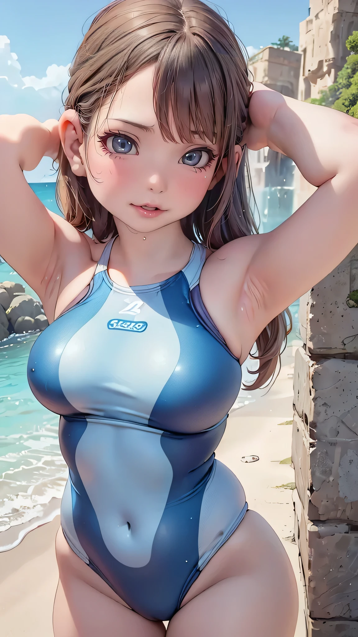 absurderes:2.0、(blue racing swimsuit)、realistic, Unity 8K Wallpaper, Masterpiece, Realistic face, Realistic skin feeling ,detailed hair, highly detailed, realistic glistening skin, Cute Girl, Perfect face, charming face, Glossy skin, (cowboy shot), embarrassed, blond hair、outdoor, light smile, active pose:1.3