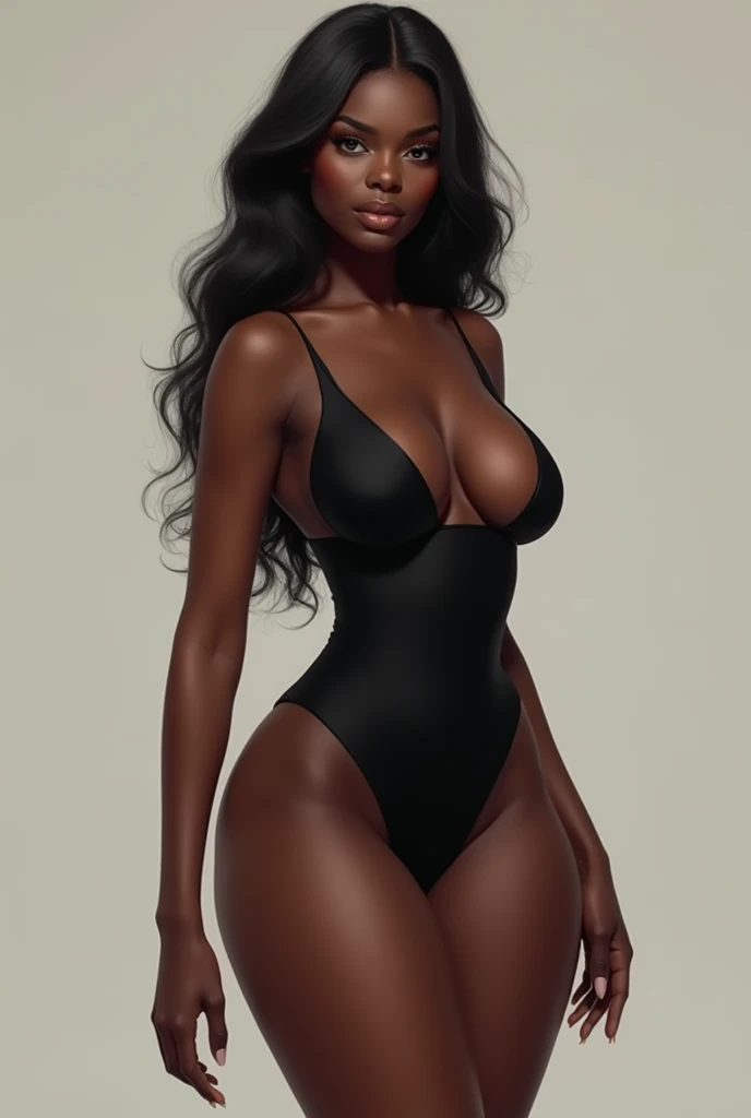 Please make me a black girl with wide hips wearing a little black bikini, big breasts, small and marked abdomenlarge legs, side position