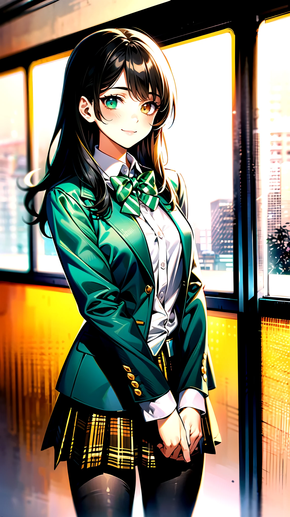 （（super high quality,））（（Ultra-high resolution,））（16K,）（super masterpiece,）（（Ultra HD ,））（Detailed shading,）One mature high school girl,Blue-green blazer,White dress shirt,The second button is open,（（Yellow striped bow tie,））Brown plaid mini skirt,Black long tights,Straight black long hair,Side-swept bangs,（（Orange and green heterochromia,））Sharp Eyes,smile,A classroom illuminated by the setting sun,Holding a smartphone in your hand,