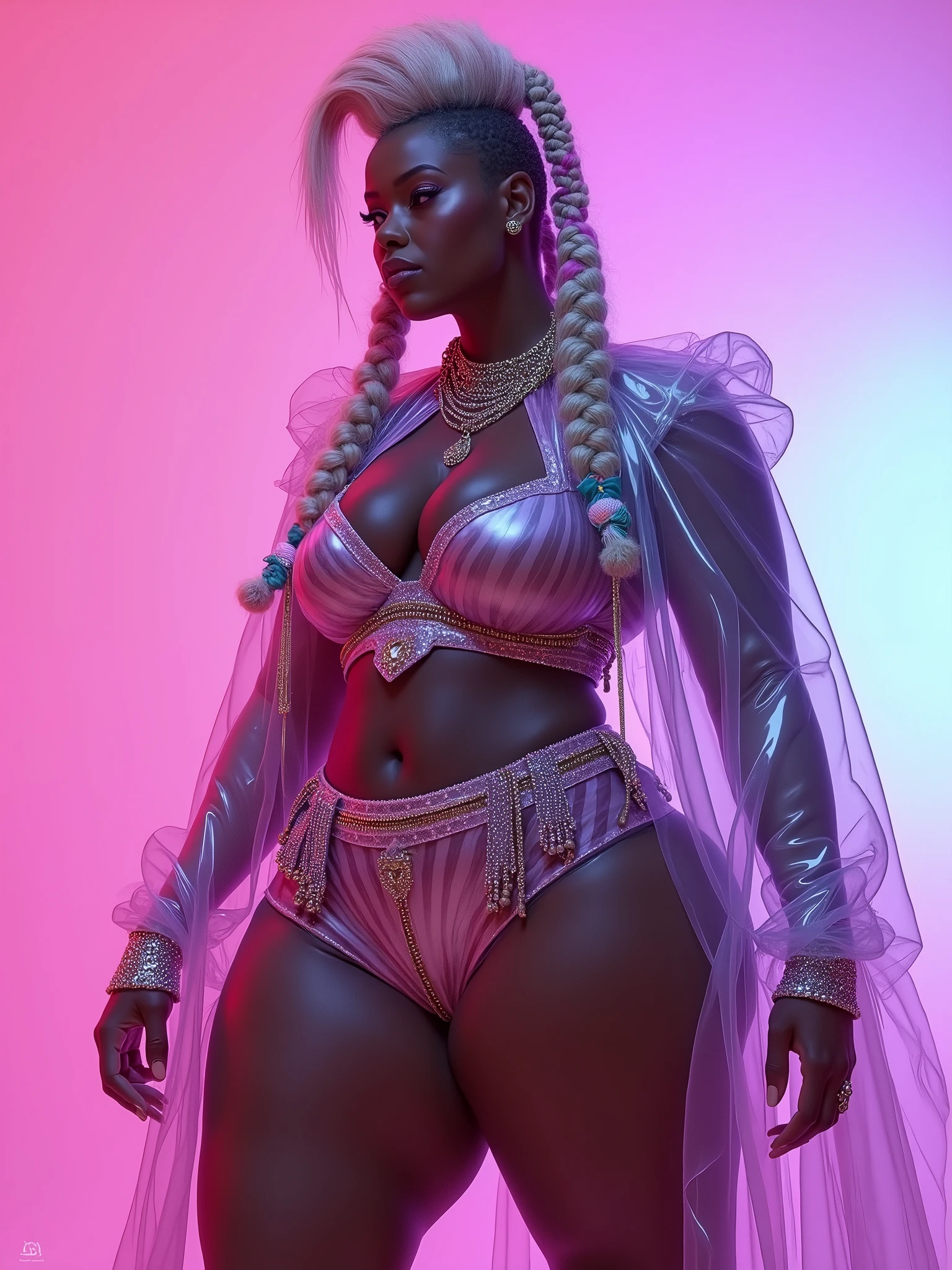 African Goddess jiggly fat round belly voluptuous body, sfw concept art, burlesque, (neon lips as a statement:1.1)(masterwork:1.1) (photorealism:1.1) ((high angle POV:1.4)) (1girl), kneeling, facing the camera, (looking up to camera:1.2), wavy auburn hair with blonde highlights, punk, tear drop tattoo, flushed, exposed breasts, ((full body portrait)), alternative woman, (open mouth), (face, (misplaced lingerie), (arms behind back:1.2), (pearl necklage), (moaning), tattoos, detailed photograph, poster, high detailed, 8k, focus on lips, facing camera, 8k resolution, embarrassed, (orgasming), (partially closed eyes), nsfw, polished, HDR, 8k, sharp focus, focus on face, medium breasts, dark eyeliner, lipstick, (at a bar in a crowded nightclub), at night, background lights, people in background, color photo, shallow depth of field, natural light, (perfect hands), perfect face, damp hair, frills, ribbons, floral embroidery, stockings and long gloves, cute panties with embroidery, choker, wearing a garter belt, ripped costume, highres, masterpiece, best quality, realistic, outdoors, looking at viewer, perspective shot,(bs_purpalpaca:1.0), neon bikini, 3 view frames