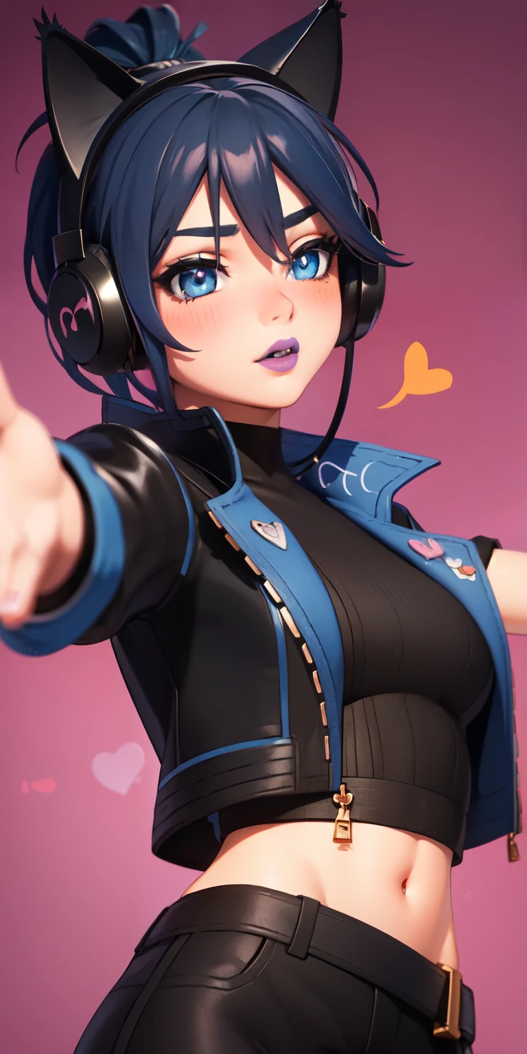 1girl,heart-shaped pupils,heart-shaped_pupils,blue hair, ponytail, short hair, blue eyes, eyeshadow, (blush:1.1),upper body, outstretched arms,heart,(speed lines:1.1),medium breasts, love, heart, black jacket, jacket crop top, navel, cat ears headphones, black crop top, purple lips, pov, kiss, 