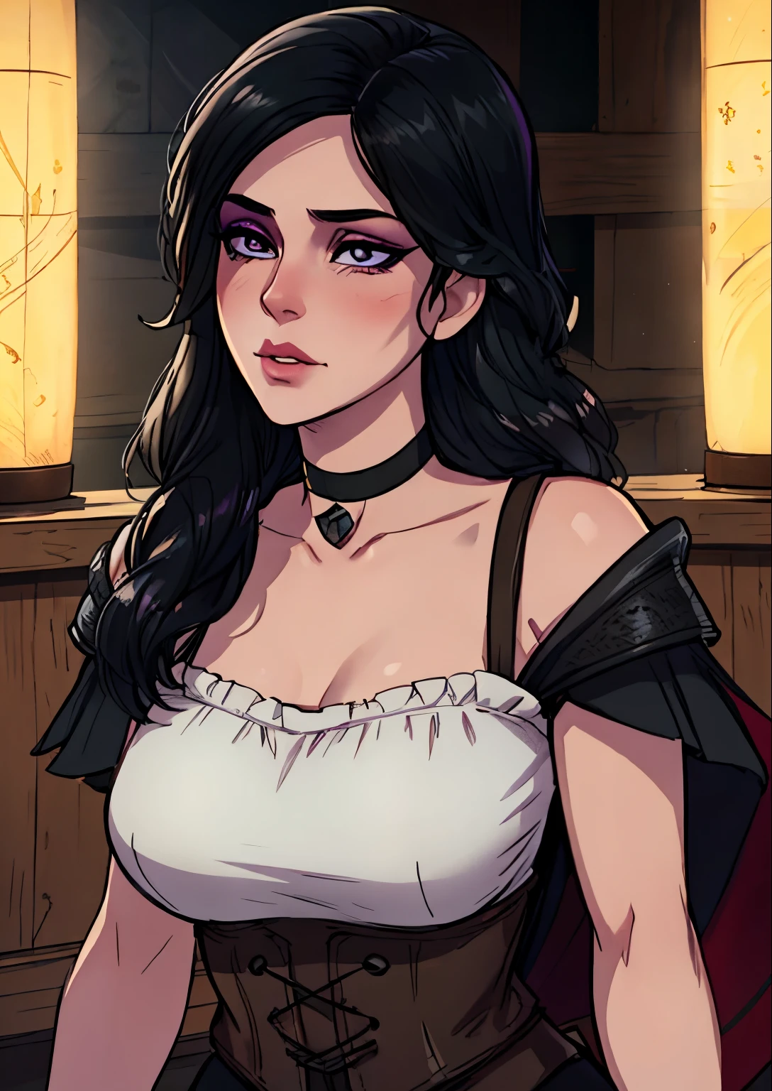 masterpiece, best quality, 1female, solo, 1 girl, face portrait, beautiful, long hair, black hair, W3Yennefer, face focus