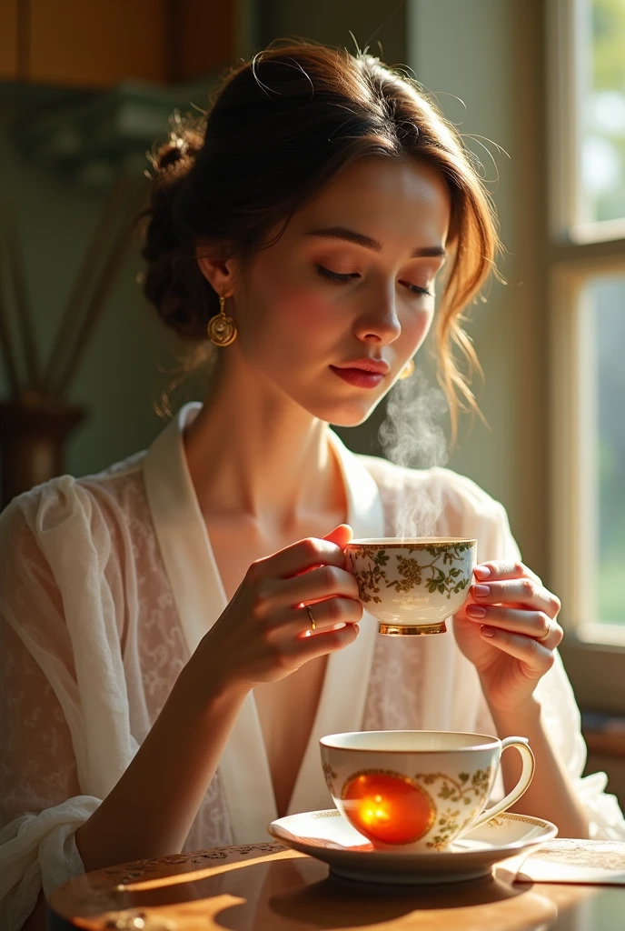 A elegant and refined Russian  Woman Holding Cup of tea serene expression,Super Fair Skin, styled in a sophisticated manner brown Hair, a gentle sparkle eyes, kimono-inspired outfit, Tea background, Beautiful Woman Extremely Beautiful woman, Medium Breast nikon d850 film stock photograph 4 kodak portra 400 camera f1.6 lens rich colors hyper realistic lifelike texture dramatic lighting unreal engine trending on artstation cinestill 800,8k,cinematic,cinematic shot, Medium shot