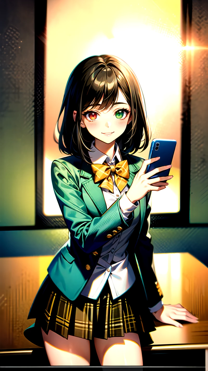 （（super high quality,））（（Ultra-high resolution,））（16K,）（super masterpiece,）（（Ultra HD ,））（Detailed shading,）One mature high school girl,Blue-green blazer,White dress shirt,The second button is open,（（Yellow striped bow tie,））Brown plaid mini skirt,Black long tights,Straight black long hair,Side-swept bangs,（（Orange and green heterochromia,））Sharp Eyes,smile,blush,A classroom illuminated by the setting sun,Holding a smartphone in one hand,