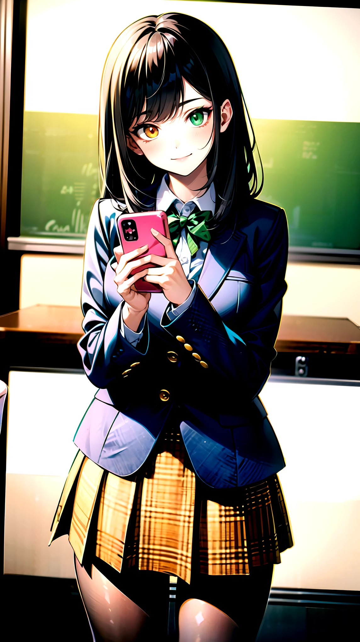 （（super high quality,））（（Ultra-high resolution,））（16K,）（super masterpiece,）（（Ultra HD ,））（Detailed shading,）One mature high school girl,Blue-green blazer,White dress shirt,The second button is open,（（Yellow striped bow tie,））Brown plaid mini skirt,Black long tights,Straight black long hair,Side-swept bangs,（（Orange and green heterochromia,））Sharp Eyes,smile,A classroom illuminated by the setting sun,Holding a smartphone in one hand,