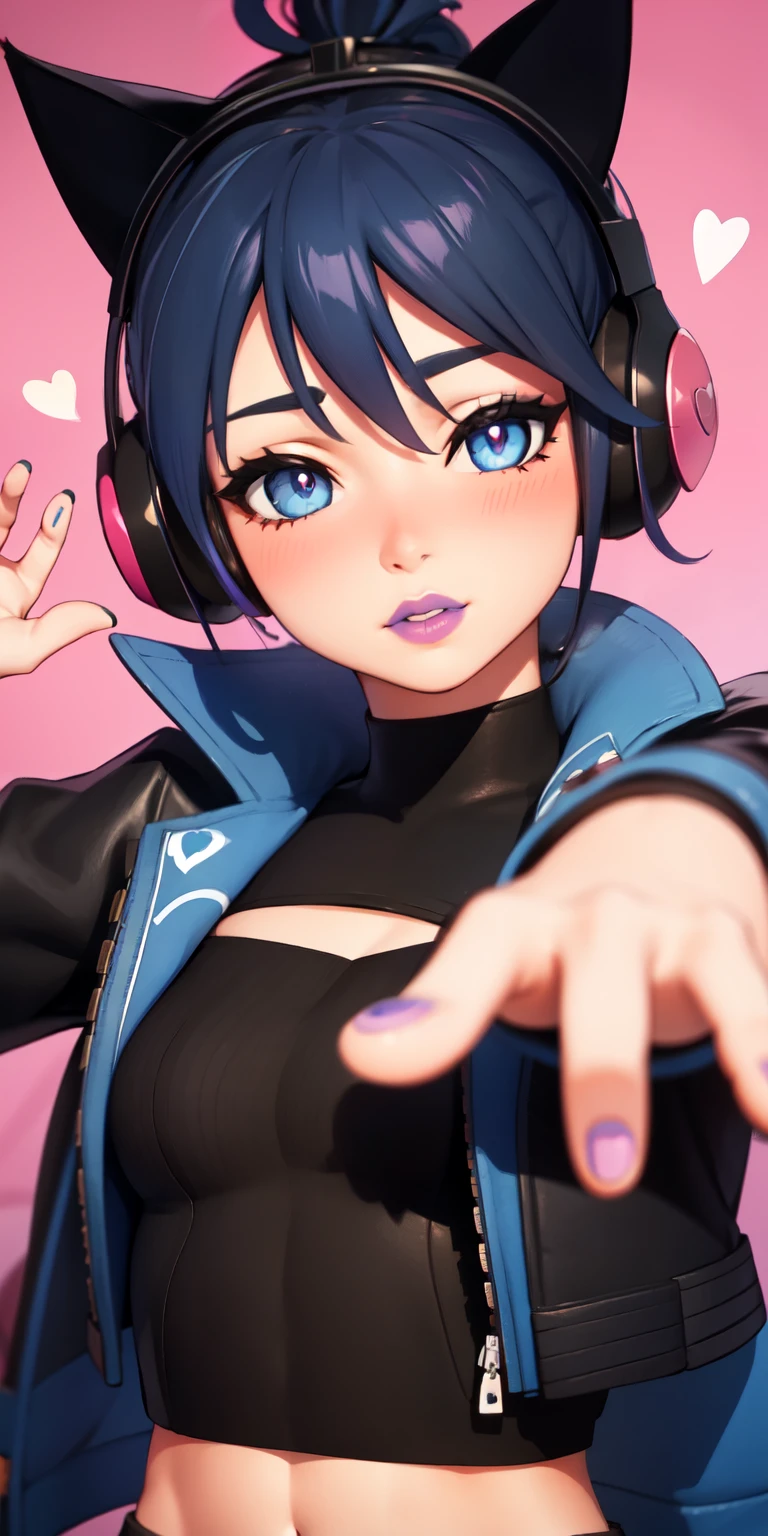 1girl,heart-shaped pupils,heart-shaped_pupils,blue hair, ponytail, short hair, blue eyes, eyeshadow, (blush:1.1),upper body, outstretched arms,heart,(speed lines:1.1),medium breasts, love, heart, black jacket, jacket crop top, navel, cat ears headphones, black crop top, purple lips, pov, kiss, 