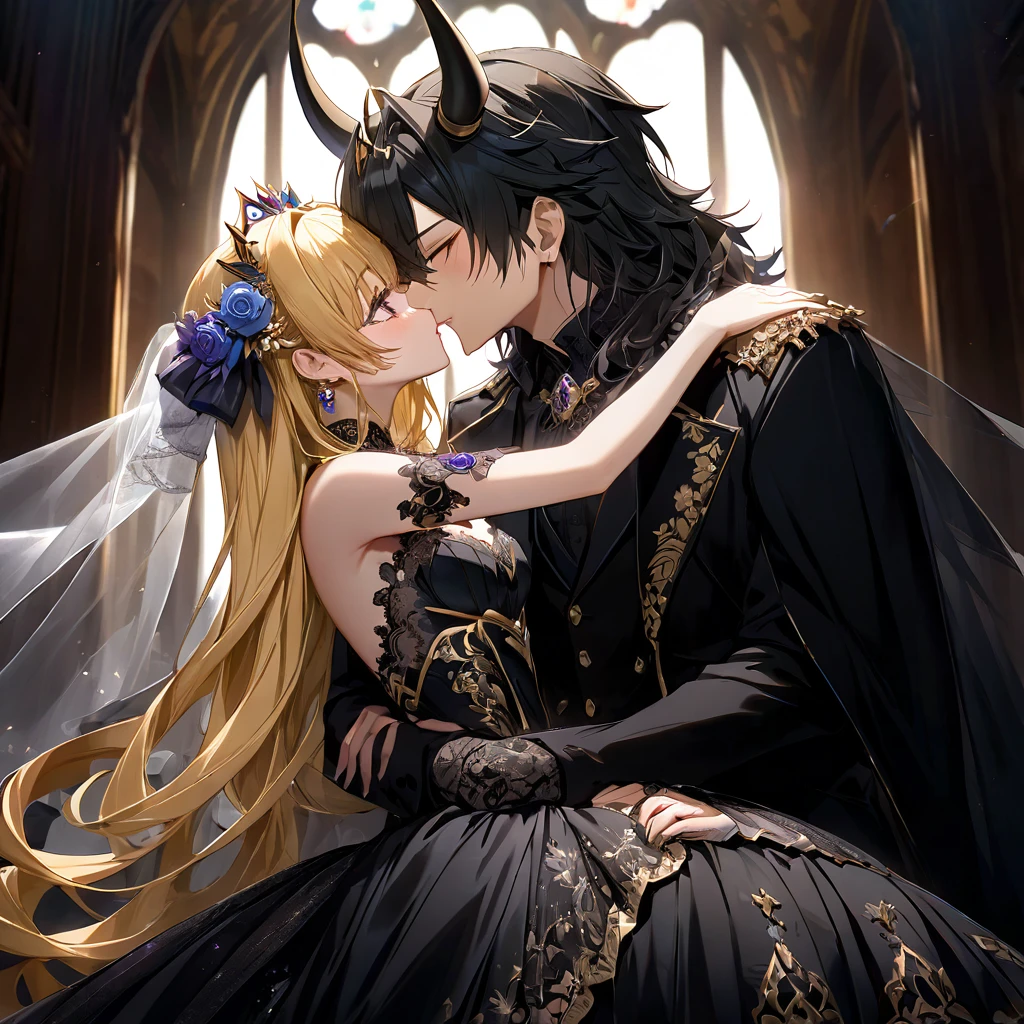 ((Highest quality)), ((masterpiece)), (detailed), （Perfect Face）、The woman is Extia Spica、The woman is wearing a gorgeous black wedding dress with gold embroidery and trim, and a black wedding veil, and is embracing and kissing the great demon king to celebrate their wedding.