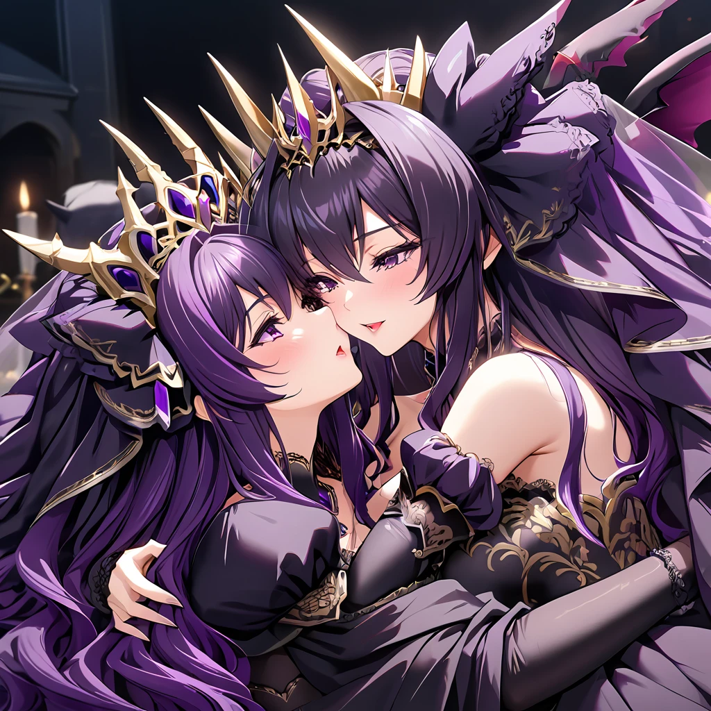 ((Highest quality)), ((masterpiece)), (detailed), （Perfect Face）、The woman is Luxuria、The woman is wearing a gorgeous black wedding dress with gold embroidery and trim, and a black wedding veil, and is embracing and kissing the great demon king to celebrate their wedding.