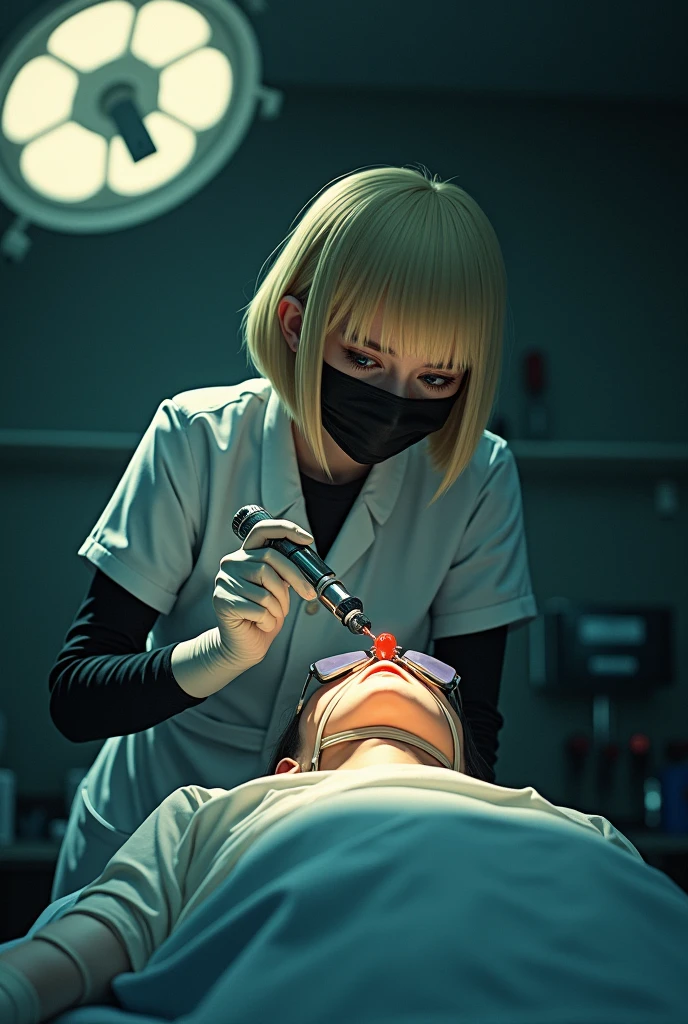 A blonde girl with bangs, wearing only white latex gloves and a black surgical mask, He leans over a table full of surgical instruments, carefully choosing a new tool. His expression is one of sadistic enjoyment., while his gloves are still stained with blood. The victim, tied to a nearby operating table, watches in terror. the room, poorly lit and sterile, reinforces the disturbing atmosphere.