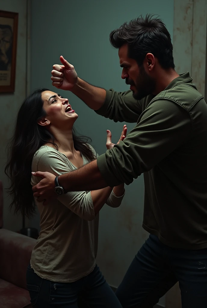 Image of a woman suffering and crying, slightly bloodied, where two men try to drag her backwards against her will.