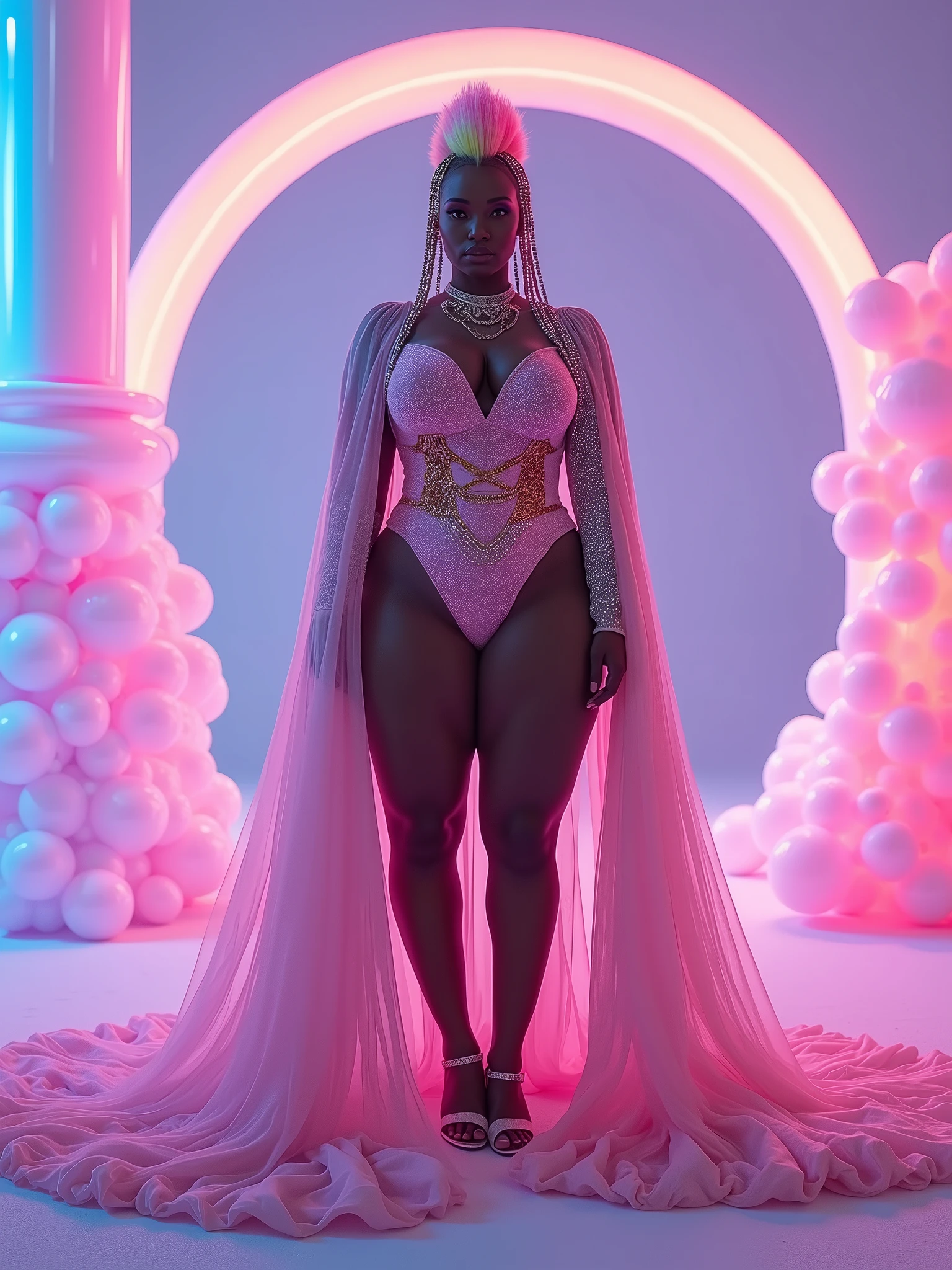 Busty chubby girl with long wavy purple and pink hair, hazel eyes and a fantastic iridescent holographic glitter rainbow night gown, dynamic pose, on a catwalk