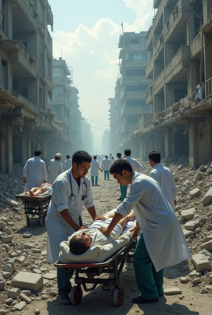 The hospital is in ruins, with debris scattered everywhereو destroyed ambulance, People are trying to help the wounded. Some people are carrying injured people on stretchers, while others are providing first aid. twilight, dramatic light, low angle view