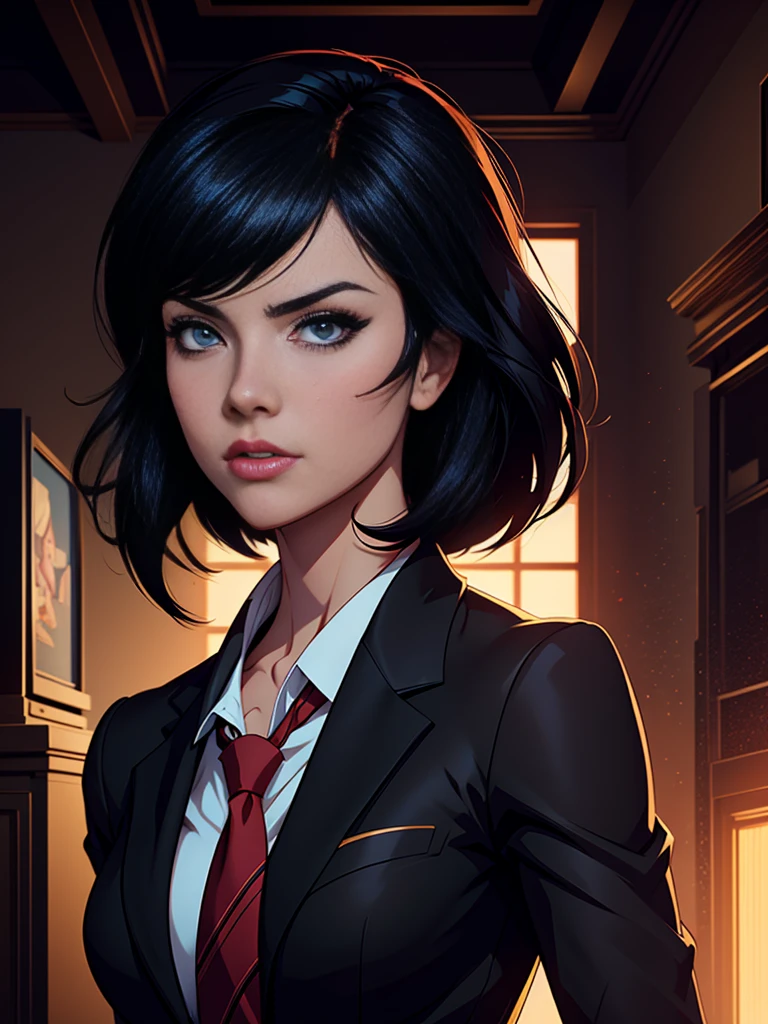 , super dark indoor environment, super dark, , rim light, glow, 🌟,anime character with black hair and a red tie in a room, digital art ilya kuvshinov, ilya kuvshinov style, ilya kuvshinov. 4 k, girl in a suit, realistic schoolgirl, charlie bowater art style, artgerm and ilya kuvshinov, style of charlie bowater, detailed digital anime art