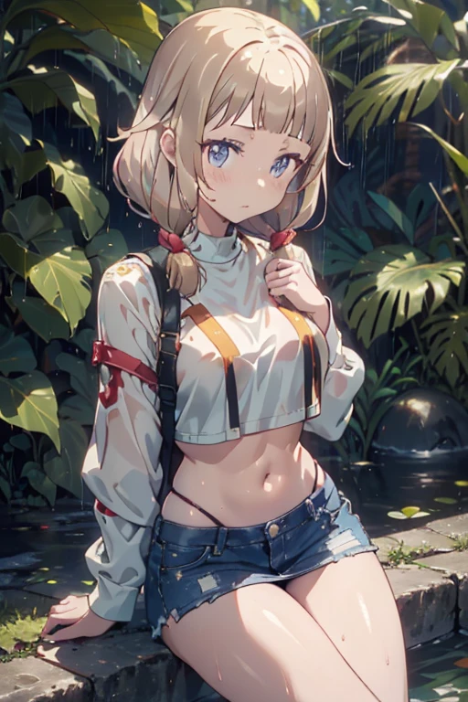 (((professional: Step by Step, taking into account even the smallest detail, God Level Final Result, full body with intricate details, only 1 girl, image: all the intricate details, Masterpiece))): "Quality 3, Wet anime, hyper details, Wet anime 17-years-old white woman with random colored hair Wet hair tied back with a red ribbon Her eyes are the same color as her wet hair, Delgado, clothing white crop top and denim miniskirt, A jungle background under a constant torrential rain that soaked them, Wet Back Posture, showing her beautiful body 92 59 90, flirty face, pedestal invisible,, Film grain, fuji colors, contrast of lights and shadows, textured skin, dynamic pose, realism, sunlight, High contrast, very sexy pose"