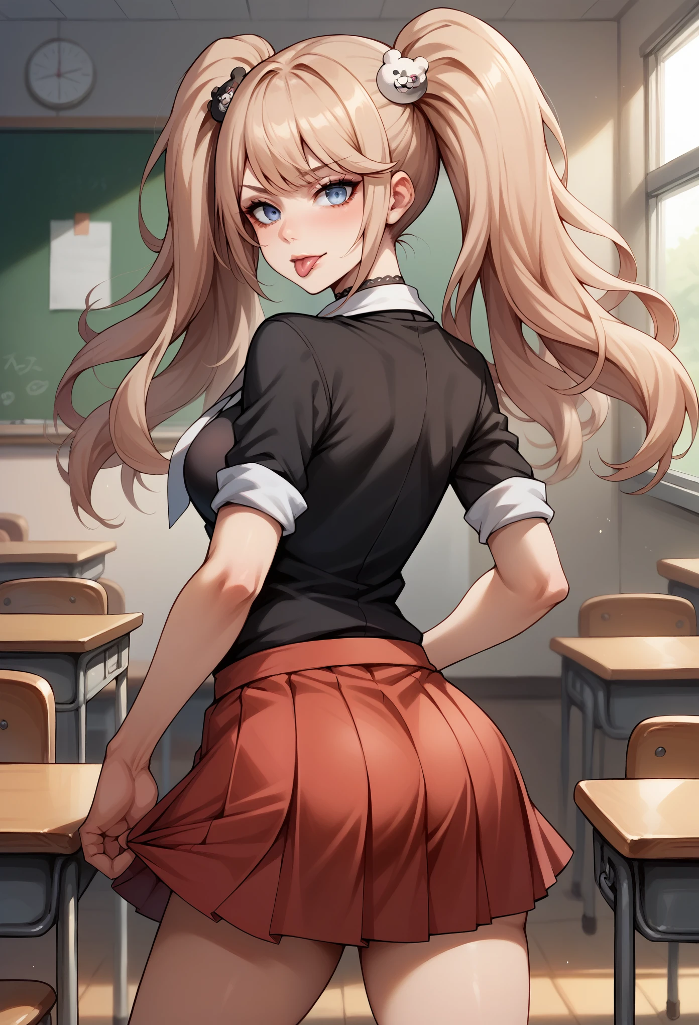 score_9, score_8_up, score_7_up, BREAK, score_9, enoshima junko, tongue out, breasts, twintails, bear hair ornament, school uniform, black shirt, white necktie, red bow, sleeves rolled up, red skirt, choker, looking at viewer, cowboy shot, looking back, from behind, classroom