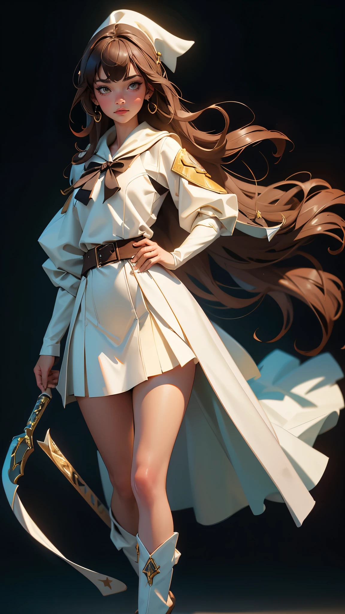 envision a 8k, highres, cinematic, beautiful full body Pinup of a sexy soft woman with a slender plump body, strong face, long brown hair, long bangs, ((brown eyes)), Sailor Dress, Green Overcoat, white robes, tactical skirt, tights, green cape, magic effects, small boots, pale skin, ((((1girl)))), in dark lighting, against a dark gray background