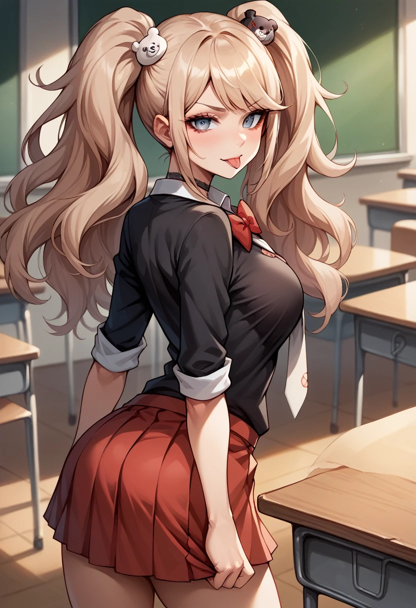 score_9, score_8_up, score_7_up, BREAK, score_9, enoshima junko, tongue out, breasts, twintails, bear hair ornament, school uniform, black shirt, white necktie, red bow, sleeves rolled up, red skirt, choker, looking at viewer, cowboy shot, looking back, from behind, classroom