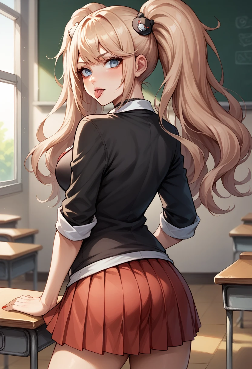 score_9, score_8_up, score_7_up, BREAK, score_9, enoshima junko, tongue out, breasts, twintails, bear hair ornament, school uniform, black shirt, white necktie, red bow, sleeves rolled up, red skirt, choker, looking at viewer, cowboy shot, looking back, from behind, classroom