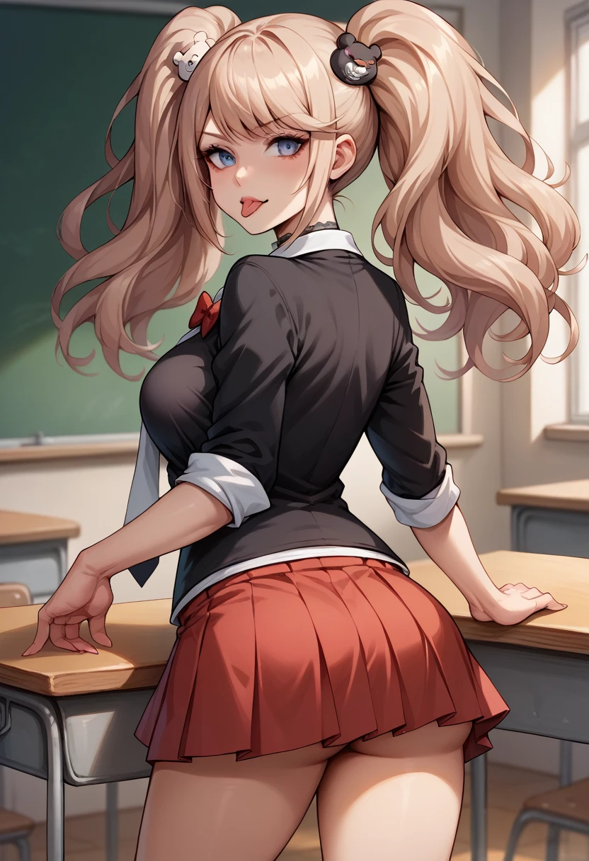 score_9, score_8_up, score_7_up, BREAK, score_9, enoshima junko, tongue out, breasts, twintails, bear hair ornament, school uniform, black shirt, white necktie, red bow, sleeves rolled up, red skirt, choker, looking at viewer, cowboy shot, looking back, from behind, classroom