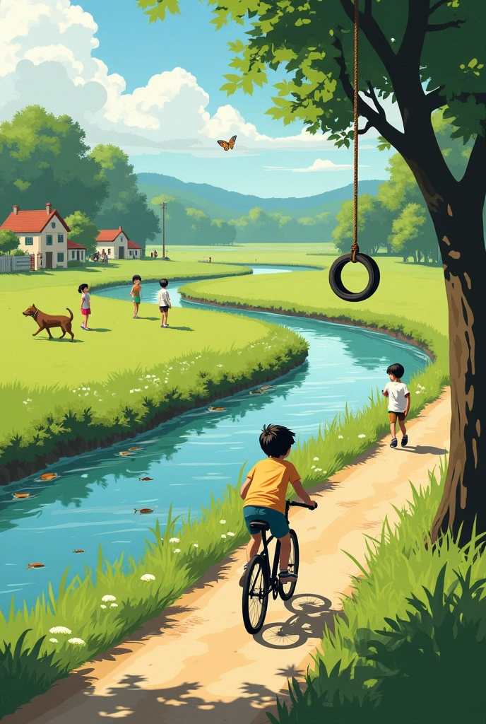 Bicycle riding on the river bank、Six boys and girls、The background is blue sky、cumulonimbus、Watching from a very far distance、Painting in the style of Monet